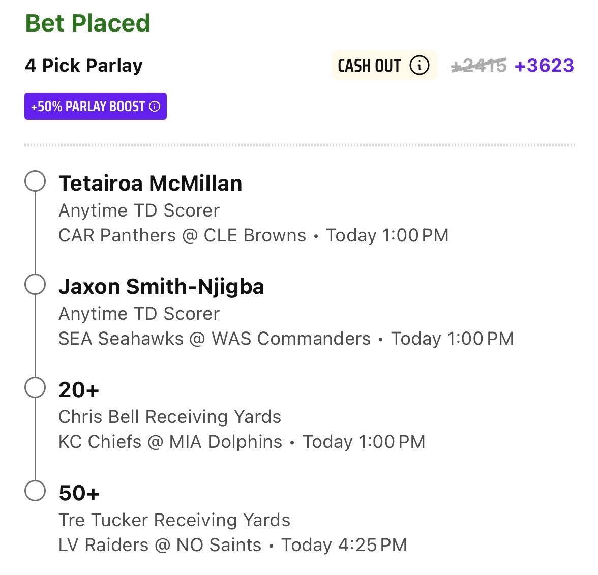 VortexTakes's tweet photo. Collab with @PrycePicks 

Using our DraftKings 50% Boost on it

4 Pick Parlay:

Jaxon Smith-Njigba TD
Tet McMillan TD
Chris Bell 20 Yards
Tre Tucker 50 Yards
+3623

❤️ if you are tailing!

#GamblingX #NFL #POTD https://t.co/ett5jY8xNd