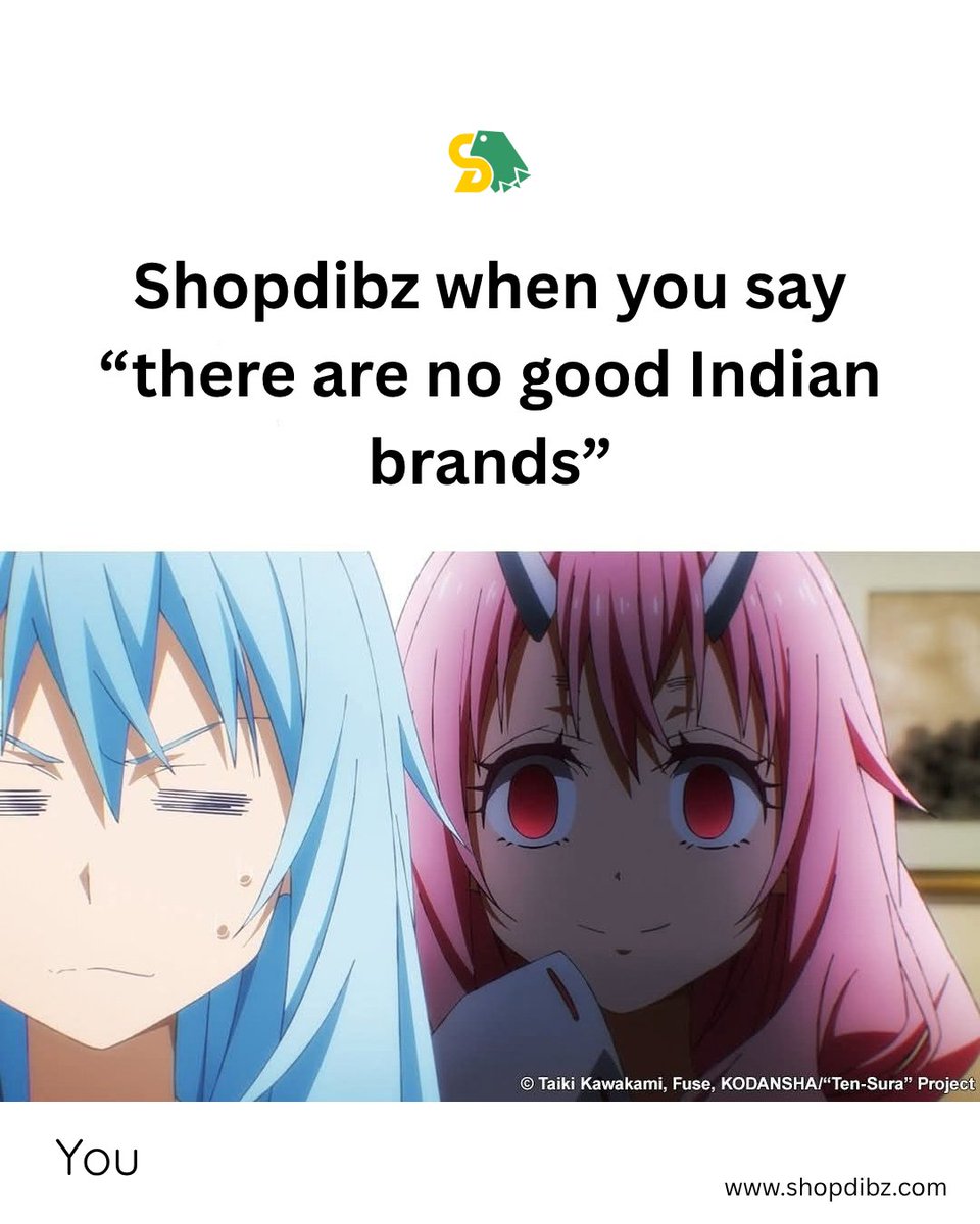 shopdibz's tweet photo. “There are no good Indian brands.”

Shopdibz: 👁️👄👁️

You just haven’t discovered the right ones yet.

#Shopdibz #IndianBrands #Anime #Tensura https://t.co/df8fbDrjEh