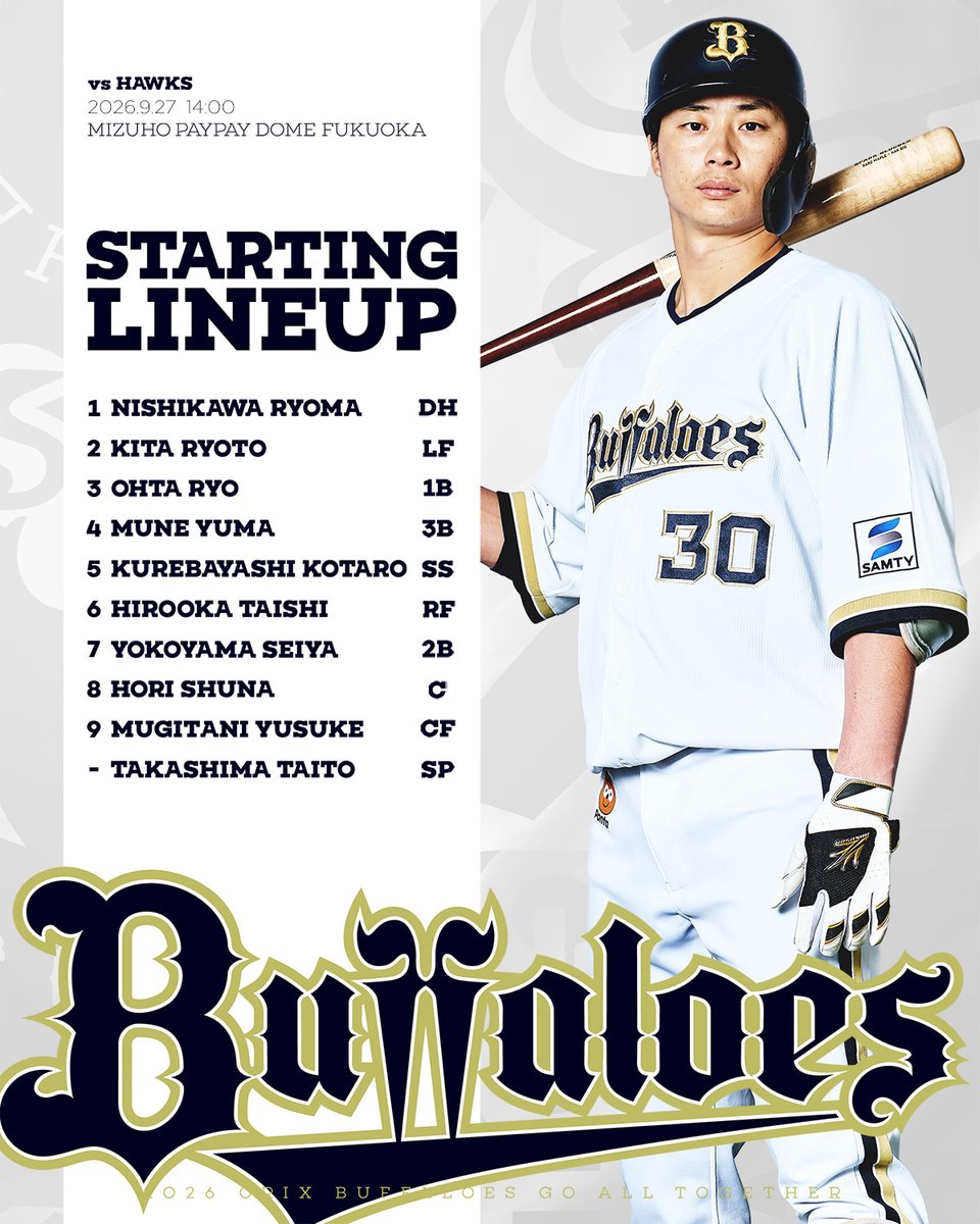 Orix_Buffaloes's tweet photo. 本日のスタメンはこちら！
14時00分よりプレイボール！
#Bs2026 https://t.co/3vdPSgfZW6