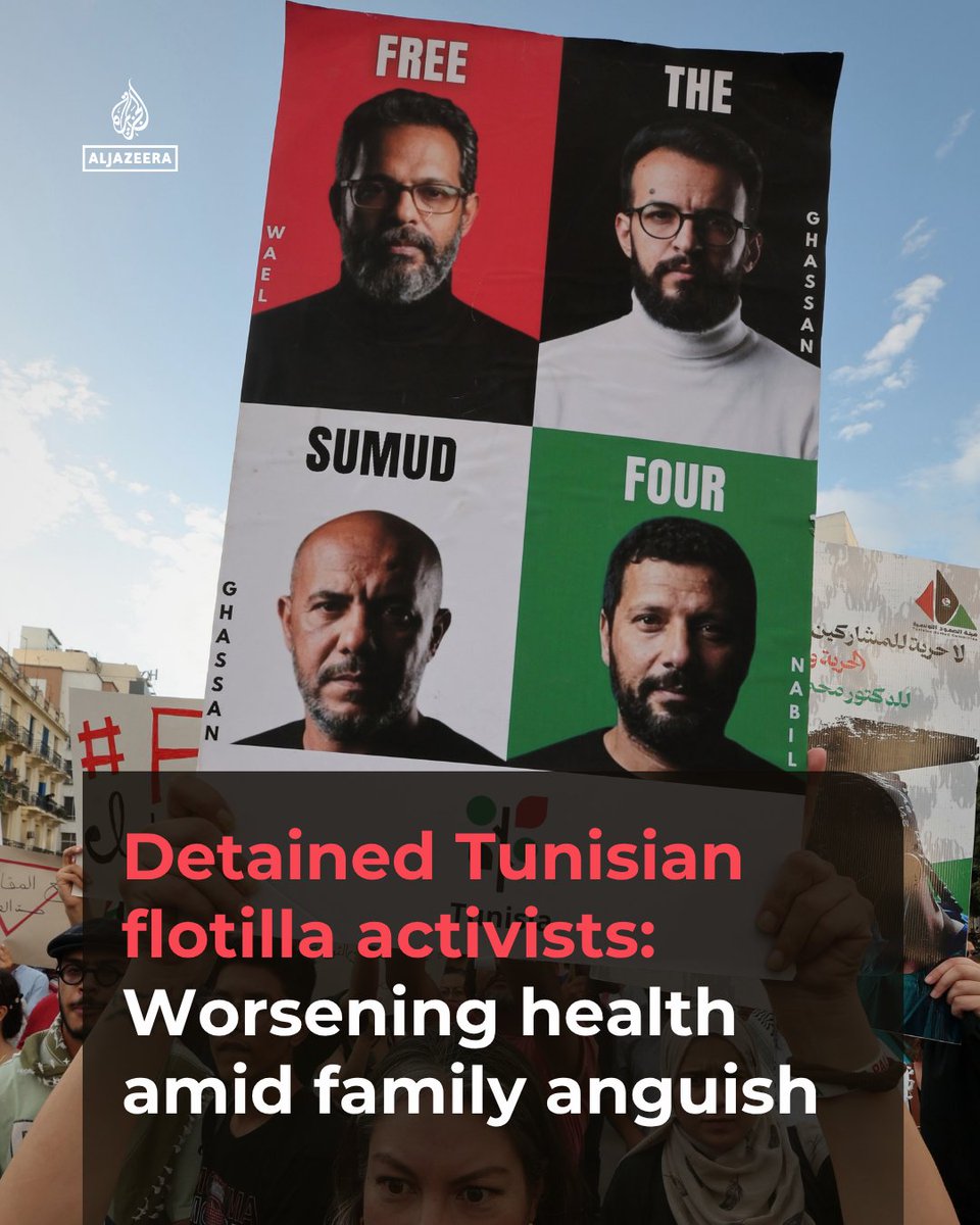AJEnglish's tweet photo. Wael Naouar, Ghassan Henchiri, Ghassan Boughdiri and Nabil Channoufi have been detained since March following an investigation by Tunisia’s Economic and Financial Judicial Pole.

Their families describe the toll of separation and uncertainty.

🔗 https://t.co/tlcWmDm8Sq https://t.co/ZIElD7mO1z