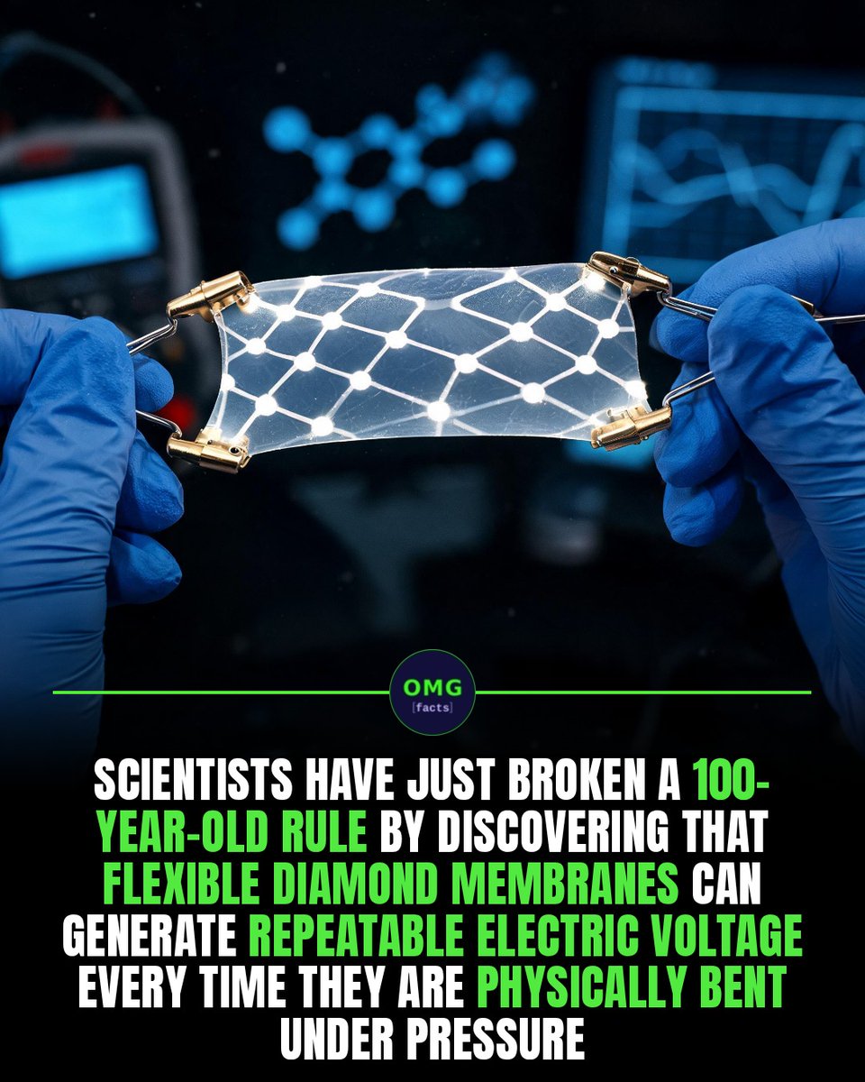 RosanneYantzer's tweet photo. Diamonds can now generate electricity when bent. Scientists created flexible, 100-nanometer-thick diamond membranes that convert mechanical energy into stable electrical output, potentially powering microscopic devices, sensors, implants, and https://t.co/MhS8SMfNdG
