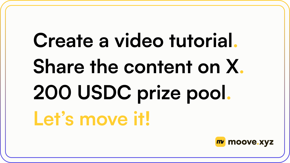 moovexyz's tweet photo. 📣  Official X Video Tutorial Competition  📣

Show the world how Moove App works and get rewarded for it!  

200 $USDC prize pool. The top 10 video tutorials win 20 $USDC each.

🔹 How to enter:  
． Follow @moovexyz 
． Record a video tutorial of Moove App 
． Post it on X and tag @moovexyz 
． Add your Moove Handle to the post  

🔹 What are the suggested topics:
． Setting up your Moove Profile 
． Claiming your Moove Handle
． Sending and receiving money in seconds
． Swapping tokens inside the app
． On-ramp and off-ramp via Visa/Mastercard

Tip: You can share any of your own tips for getting the most out of Moove App, and don't be constraint to any particular topic - be creative!  

🔹 What we're looking for: 
． Clear, informative and genuinely helpful video
． Easy for a first-time user to follow
． Original content made by you  

Tip: Extra points for onboarding new Moovers with your referral code. The more people who join Moove through your video, the higher you rank.  

👉 Deadline: 9 October 2026, 4:00PM UTC
👉 Winners announced: 16 October 2026

The onboarding of the next 1 billion Web3 users starts with you 🫵

💛 Your Money. Your Move. 💛