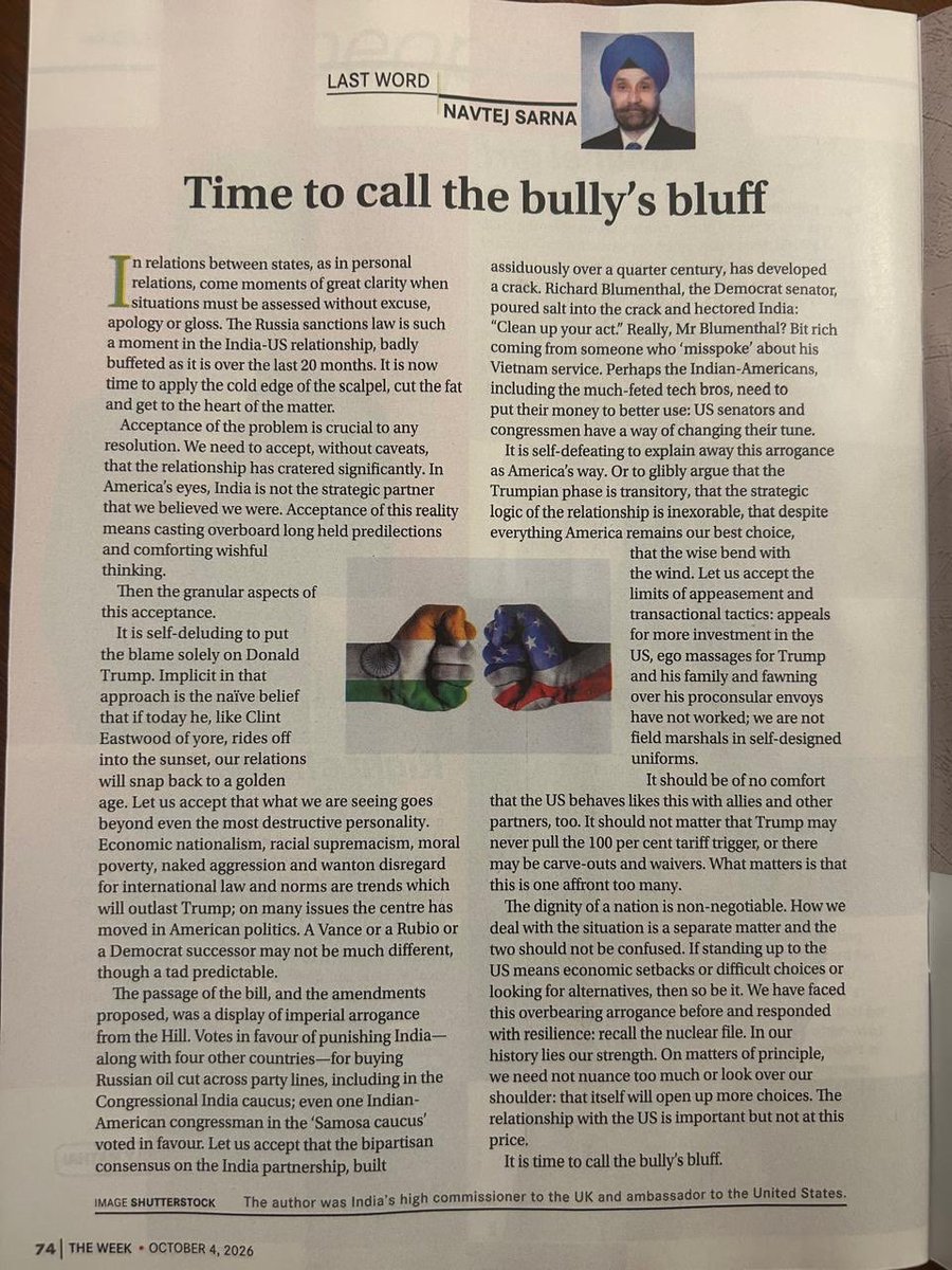 NavtejSarna's tweet photo. My column in @TheWeekLive on current state of India US relations, written earlier this week. https://t.co/g130RpLvUZ