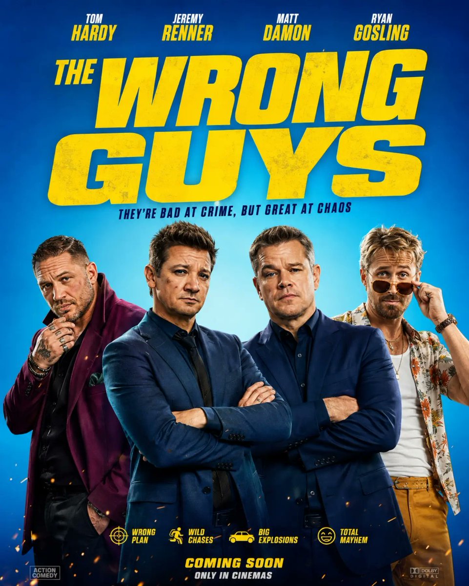 swingbopbop9's tweet photo. صورة من Goslingframes بتاريخ 12 أغسطس 2026. قد تكون ملصقًا لفيلم «The Wrong Guys» بطولة توم هاردي وجيريمي رينر ومات ديمون وريان غوسلينغ. قريبًا في دور السينما فقط. https://t.co/YE5MXxhiF0