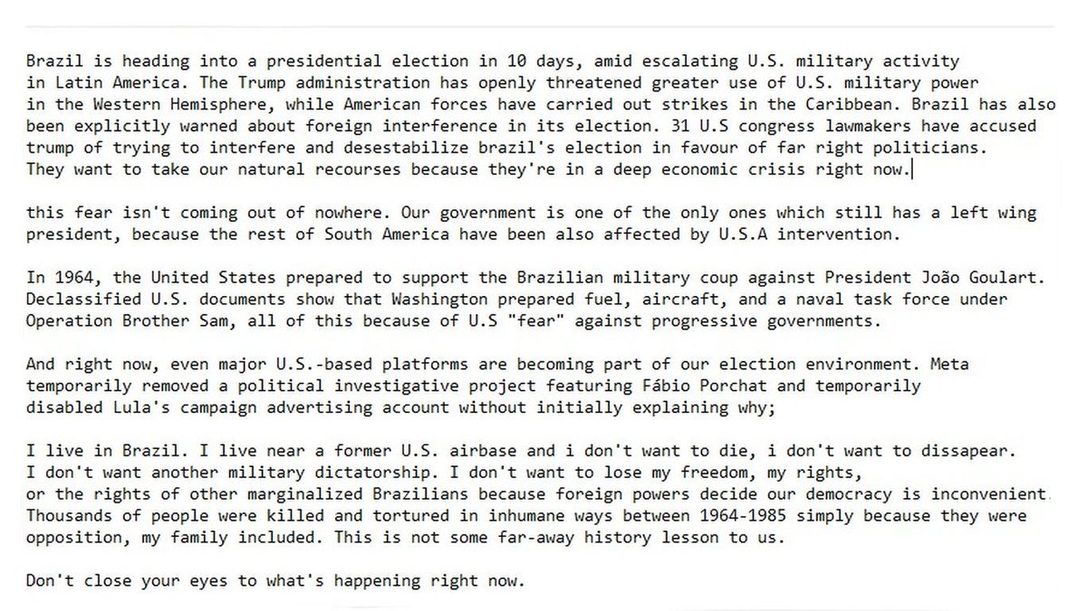 newgenius77_'s tweet photo. Please Take A Break from funny tweeting for a moment and post this to inform people of what the US is trying to do to Brazil . #EyesOnBrazil 🇧🇷. Please people https://t.co/jLQNhLNOaw