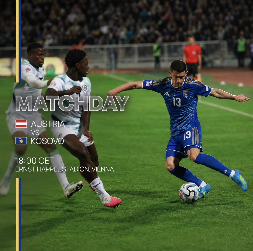 FootballKosovo's tweet photo. Ladies and Gentlemen, it’s MATCHDAY 😜🙌
🇽🇰 Kosovo 🆚 Austria 🇦🇹
🏆 UEFA Nations League
🏟 Ernst-Happel Stadion
🕘 18:00 CET
📺 RTK 1
#AUSKOS | #UNL https://t.co/S0utYmecLz