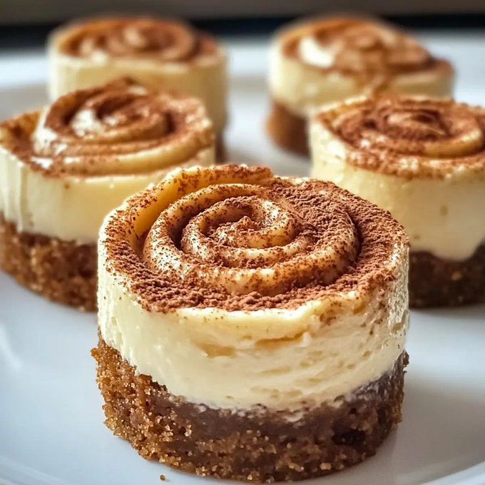 ann_ann886's tweet photo. Mini Cinnamon Roll Cheesecakes

Servings: 12 mini cheesecakes
Prep Time: 20 minutes
Cook Time: 18–22 minutes
Chill Time: 3 hours
Total Time: 4 hours

Ingredients
For the Crust:
1½ cups graham cracker crumbs (or crushed cinnamon grahams)
3 tbsp granulated sugar
1 tsp ground cinnamon
6 tbsp unsalted butter, melted
Pinch of salt
For the Cheesecake Filling:
16 oz (450g) cream cheese, softened
½ cup granulated sugar
¼ cup brown sugar, packed
2 large eggs, room temperature
¼ cup sour cream
1 tsp vanilla extract
1 tsp ground cinnamon
2 tbsp all-purpose flour
For the Cinnamon Swirl:
3 tbsp unsalted butter, melted
⅓ cup brown sugar, packed
1½ tsp ground cinnamon
For Topping:
Ground cinnamon, for dusting
Optional: cream cheese glaze (2 tbsp cream cheese + ¼ cup powdered sugar + 1 tbsp milk)

Instructions
Prep the pan. Preheat oven to 325°F (165°C). Line a 12-cup muffin tin with paper liners.
Make the crust. Mix graham cracker crumbs, sugar, cinnamon, melted butter, and salt until evenly moistened. Press about 1 tbsp into the bottom of each liner, packing firmly. Bake 5 minutes, then set aside.
Make the swirl. Stir melted butter, brown sugar, and cinnamon together until smooth. Transfer to a small zip bag and set aside.
Make the filling. Beat cream cheese with both sugars until completely smooth, 2–3 minutes. Add eggs one at a time, mixing on low. Add sour cream, vanilla, cinnamon, and flour. Mix just until combined — don't overbeat.
Assemble. Divide filling among the cups, filling each about ¾ full. Snip the corner off the swirl bag and pipe a spiral over the top of each. Use a toothpick to swirl gently — just 2–3 passes, don't overmix or you'll lose the spiral.
Bake 18–22 minutes until the edges are set and the centers still have a slight wobble.
Cool and chill. Cool in the pan 20 minutes, then refrigerate at least 3 hours (overnight is best).
Finish. Dust with ground cinnamon just before serving. Add a drizzle of cream cheese glaze if you like.

Tips
Room-temp cream cheese and eggs give you a lump-free, silky filling.
Don't over-swirl — the spiral look disappears if you stir too much.
Slight wobble is correct — they firm up completely in the fridge.

Variations
Add a layer of cinnamon streusel between crust and filling for extra crunch.
Swap graham crumbs for crushed cinnamon cereal for a bolder spice note.
Drizzle with caramel instead of glaze for a sticky roll vibe.