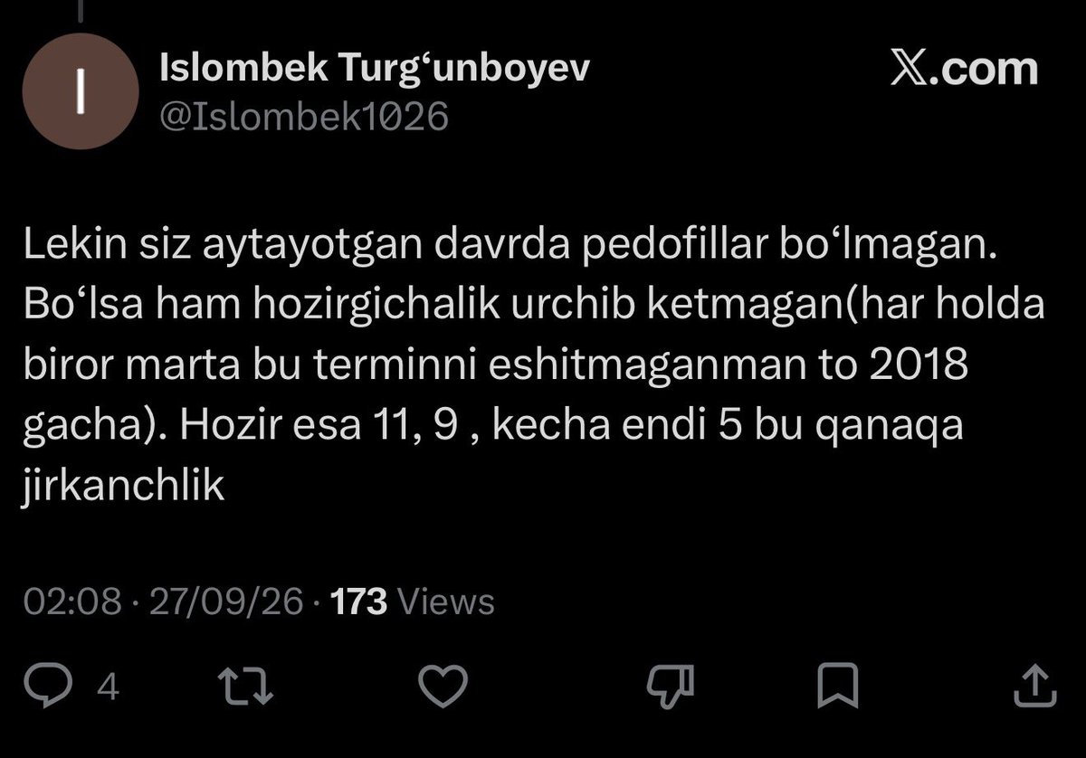 komilaabdullah's tweet photo. U payti Bosh prokuraturada ishlardim, bir Generalimiz bilan tushlikka chiqdik. Rahmatli Ustozning saxari bor edi, ovqat tanlardilar, qiziqib so’radim: “Ustoz, saxarni qachon orttirgansiz?”
Hikoyani boshladilar:
“Qizim, bir manyakni deb shu ahvolga tushganman. U paytlarda Toshkent viloyati prokurori edim. Bir manyak chiqdi, 3 kun ichida 5 yoshdan 9 yoshgacha bo’gan 28 ta qizchani zo’rlab, o’ldirib ketavergan. 1-kun 8 ta qizchani, 2-kun 11 ta qizchani (men raqamlarda sal adashayotgan bo’lishim mumkin) shu ahvolga solgandan keyin Karimovning o’zi telefon qildi:
“Toshkent viloyatida prokuror bo’lib nima qilib o’tiribsan, burningni tagida shuncha qizchani zo’rlab, o’ldirib ketayapti. Senga yana bir kun muhlat, o’sha manyakni topsang top, bo’masa, o’zim seni o’ldiraman”dedi.

(Twitimni o’qiyotganlar bilmasligi mumkin, oʻta ogʻir jinoyatlar va favqulodda hodisalar toʻgʻrisida Bosh prokuror O’zbekiston Respublikasi Prezidentiga zudlik bilan xabar beradi. 
Kechasiyam prokuratura va boshqa organlarda navbatchilik shuning uchun joriy qilingan. Ular o’zlarining rahbariga, rahbar esa Prezidentga va Senatga hisob beradi)

3 kun uxlamadim,Toshkent viloyatidagi organning hammasi  oyoqqa turgan, butun armiya bo’lib izlayapmiz, hali Zangiotadan, hali Yangiyo’ldan shunaqa xabarlar yig’ilib kelayapti, manyakning izini yo’qotib qo’yaverdik. 3-kun 9-qizchani zo’rlayotganining ustida qo’lga oldik, o’ldirishga ulgurmadi. Manyak ushlandi degan xabarni eshitishim bilan, “xudoga shukur” dedimu, o’zim hushimdan ketib, yiqildim. Ko’zimni ochsam, bolnitsadaman. Doktor saxariz oshib ketipti deb licheniya qildi.
Shu voqeadan keyin orttirganim shu saxar bo’ldi” deb hikoyasini tugatdilar.
Bu yerga men qisqa qilib yozdim, aslida 1 soat tushlik davomida yosh xodimlar yana ko’plab savollar berdik.

Pedofillar har doim bo’gan, informatsiya biqiqligi sababli bu ommaga chiqarilmagan. 

Arxivlarni ko’tarsak, shunga o’xshash va bundan yomon jinoyatlar har doim bo’ganining guvohi bo’lamiz.

O’lim jazosi berilsin deb hissiyot bilan aytilayotgan gaplarga qo’shilmayman (ishonchim komilki, birorta yurist bu fikrga qo’shilmaydi)
Umrbod ozodlikdan mahrum qilinishi kerak, qattiq tartibli koloniyalarda saqlansin. Qonunchilikda bor imkoniyatni ishga solib, bundaylarni jamiyatdan ajratish kerak…