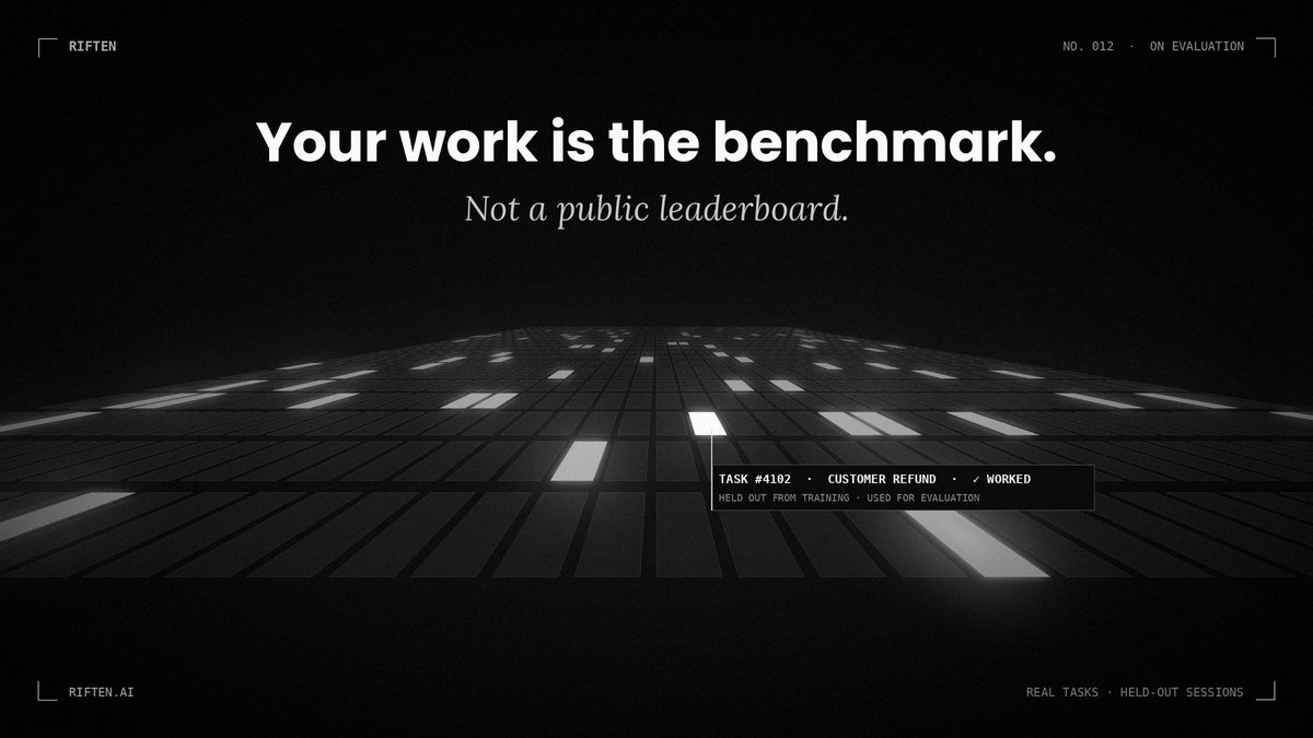 riften_ai's tweet photo. Public leaderboards tell you which model is best at someone else's tests.

They can't tell you which model is best at your work.

Riften evaluates models on the tasks your company actually runs: your tickets, your documents, your workflows. Sessions used for evaluation are kept strictly separate from training data, so results reflect real performance, not memorized answers.

A private model only moves into production once it matches or beats the API it's replacing.

No guesswork. No benchmark theater.
Just proof, measured on your own work.

Riften. Earned intelligence.
→ https://t.co/6z7BOcp3IH