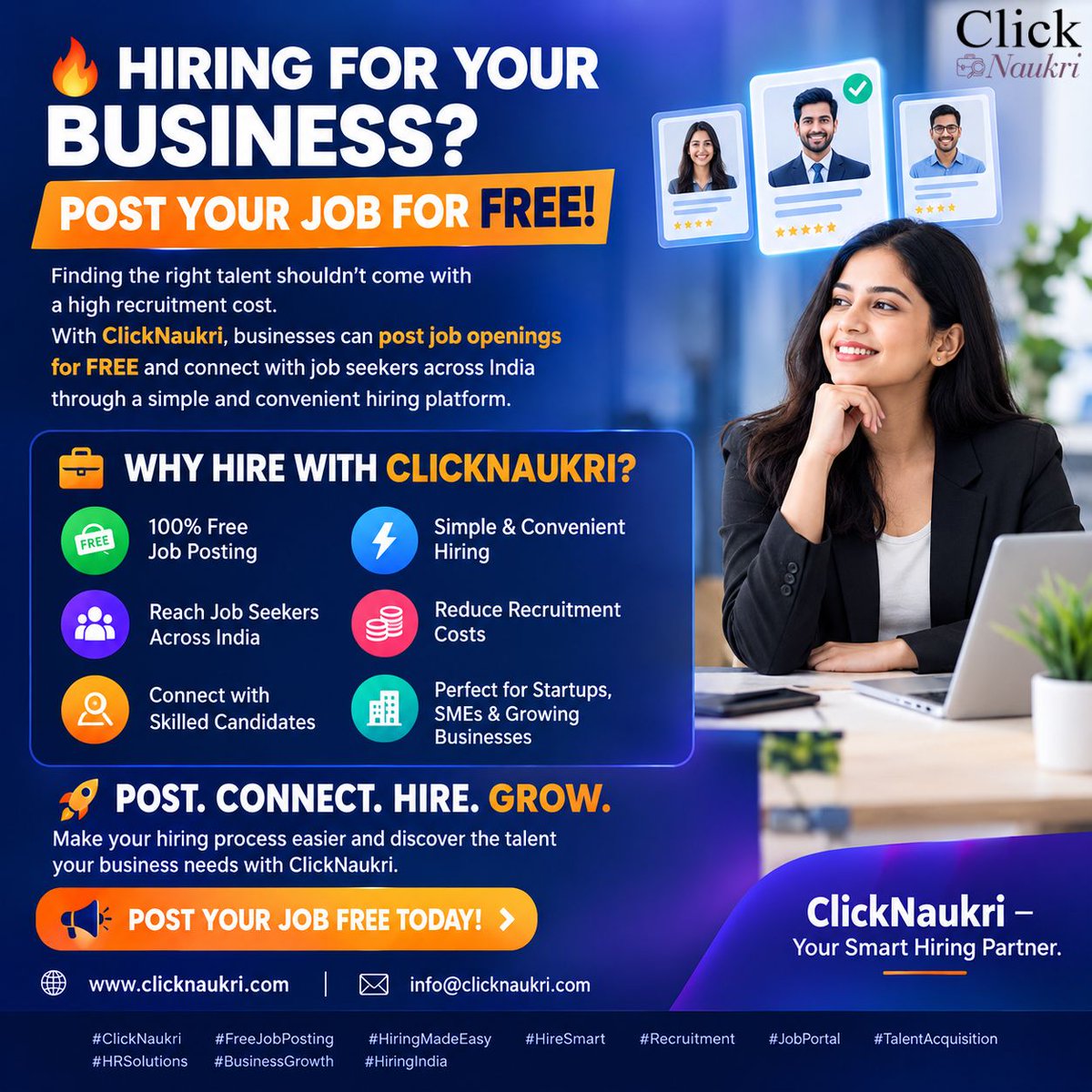ClickNaukri's tweet photo. 🔥 HIRING FOR YOUR BUSINESS? POST YOUR JOB FOR FREE!
🚀 POST. CONNECT. HIRE. GROW.

Make your hiring process easier and build your team with the right talent.

🌐 https://t.co/fLy15trnOF
📧 info@clicknaukri.com

#ClickNaukri #FreeJobPosting #HiringMadeEasy #HireSmart #Recruitment https://t.co/GHbu2uUG4y
