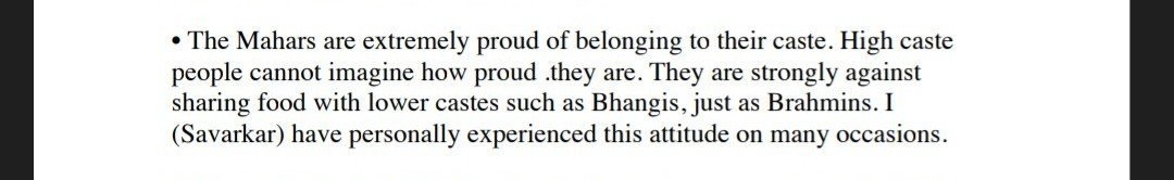 neha_laldas's tweet photo. Savarkar had said:
"Mahars are extremely proud of their caste. They are strongly against sharing food with lower castes such as Bh*&gis.

"Mahars do not allow Mangs to take water from their wells. Mahars will not do the work of a Bh*&gi, unless in dire emergency.

During my arranged programmes of 'dining together', if Mahars find any Cha*&rs present,they immediately get out in disgust."
