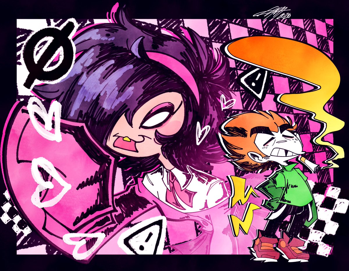 TheSpaceHatter's tweet photo. Rawr XD <3 <3 or something emo like that 💗☠☠

Cause Emo Nene's design was too cute to just leave as a doodle and Pico's here too I guess!! https://t.co/BtBPRxR6eM