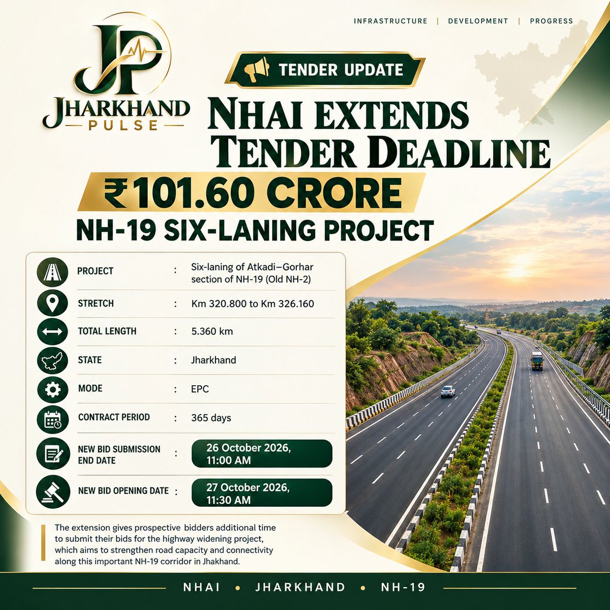 JharkhandPulse_'s tweet photo. 🚨 ₹101.60 Crore NH-19 Six-Laning Tender Deadline Extended.
#Jharkhand #NHAI #NH19 #SixLaning #RoadInfrastructure #HighwayDevelopment #InfrastructureUpdate #RoadDevelopment #JharkhandInfrastructure https://t.co/30MjJdjHNV