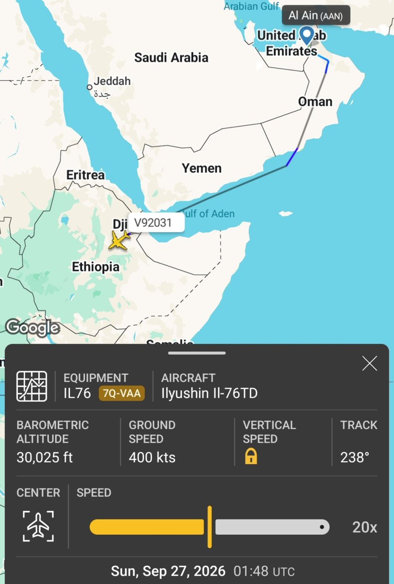 AfriMEOSINT's tweet photo. Suspicious UAE cargo airlift to Ethiopia continues 🇦🇪🇪🇹
A Vise Air IL-76TD cargo aircraft (w\ reg. 7Q-VAA) departed Al Ain airport, UAE 🇦🇪, bound for Ethiopia 🇪🇹.
A Batot Air IL-76TD cargo aircraft (XT-ABL) followed the same route, also departing Al Ain 🇦🇪 for Ethiopia 🇪🇹. https://t.co/9UENKsJy5K