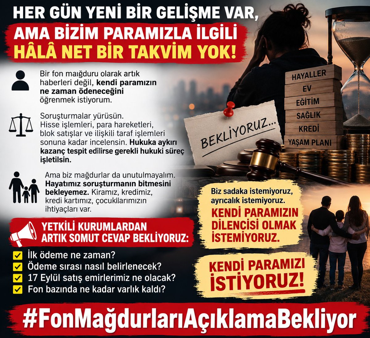 FonEko's tweet photo. 🚨 HER GÜN YENİ BİR GELİŞME VAR, AMA BİZİM PARAMIZLA İLGİLİ HÂLÂ NET BİR TAKVİM YOK!

😔 Bir fon mağduru olarak artık haberleri değil, kendi paramızın ne zaman ödeneceğini öğrenmek istiyorum.

⚖️ Soruşturmalar yürüsün. Hisse işlemleri, para hareketleri, blok satışlar ve ilişkili taraf işlemleri sonuna kadar incelensin. Hukuka aykırı kazanç tespit edilirse gerekli hukuki süreç işletilsin.

💔 Ama biz mağdurlar da unutulmayalım. Hayatımız soruşturmanın bitmesini bekleyemez. Kiramız, kredimiz, kredi kartımız, çocuklarımızın ihtiyaçları var.

📢 Yetkili kurumlardan artık somut cevap bekliyoruz:

İlk ödeme ne zaman? Ödeme sırası nasıl belirlenecek? 17 Eylül satış emirlerimiz ne olacak? Fon bazında ne kadar varlık kaldı?

🙏 Biz sadaka istemiyoruz, ayrıcalık istemiyoruz.

Kendi paramızın dilencisi olmak istemiyoruz. KENDİ PARAMIZI İSTİYORUZ!

#FonMağdurlarıAçıklamaBekliyor #Tera #Tly #Tmv #Thf #Doh #Fsu #Tp2 #Pusula #Bulls #Temerrut #Tasfiye #Dfi #Phe #Pbr #FonMağdurları