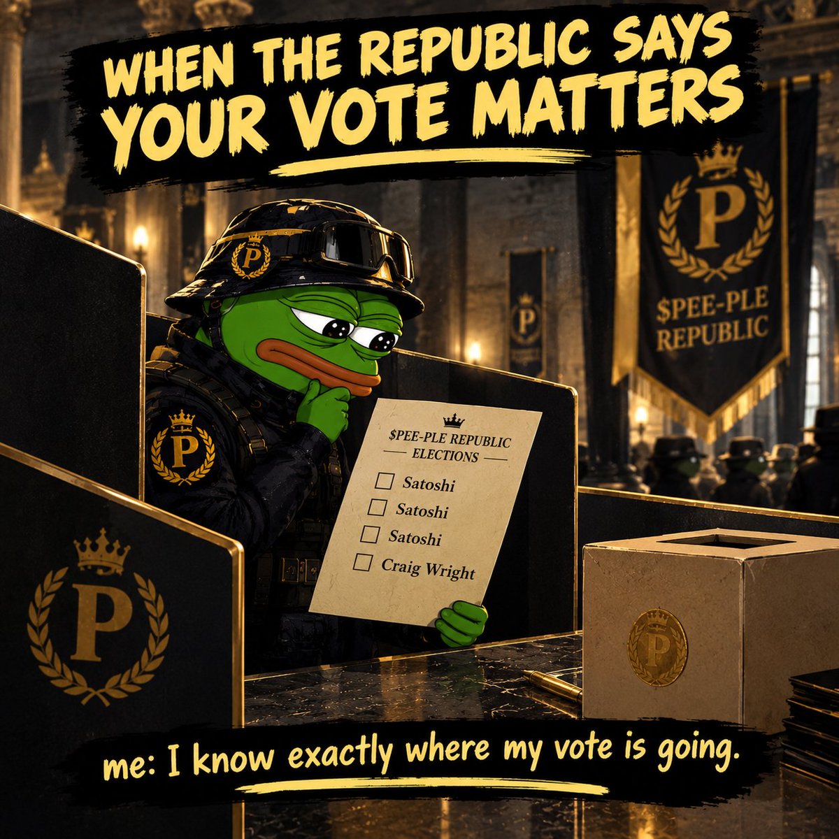 Omodeleiya's tweet photo. Election day in the $PEE-PLE Republic 😂🗳️
The ballot speaks for itself.

#PeePleRepublic $PEE-PLE @thesoldemocracy https://t.co/ZPfLJi2vzz