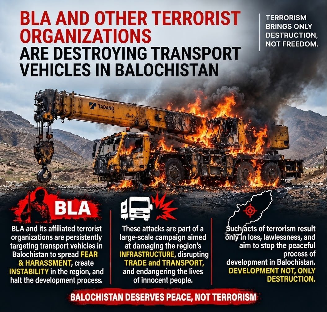 qudoos297's tweet photo. BLA and other terrorist groups continue targeting transport vehicles in Balochistan, threatening innocent lives, trade and economic connectivity. Balochistan needs peace and progress—not violence, destruction and lawlessness.
#Balochistan #PeaceNotTerrorism #StopTerrorism https://t.co/hqxgcS1lqP