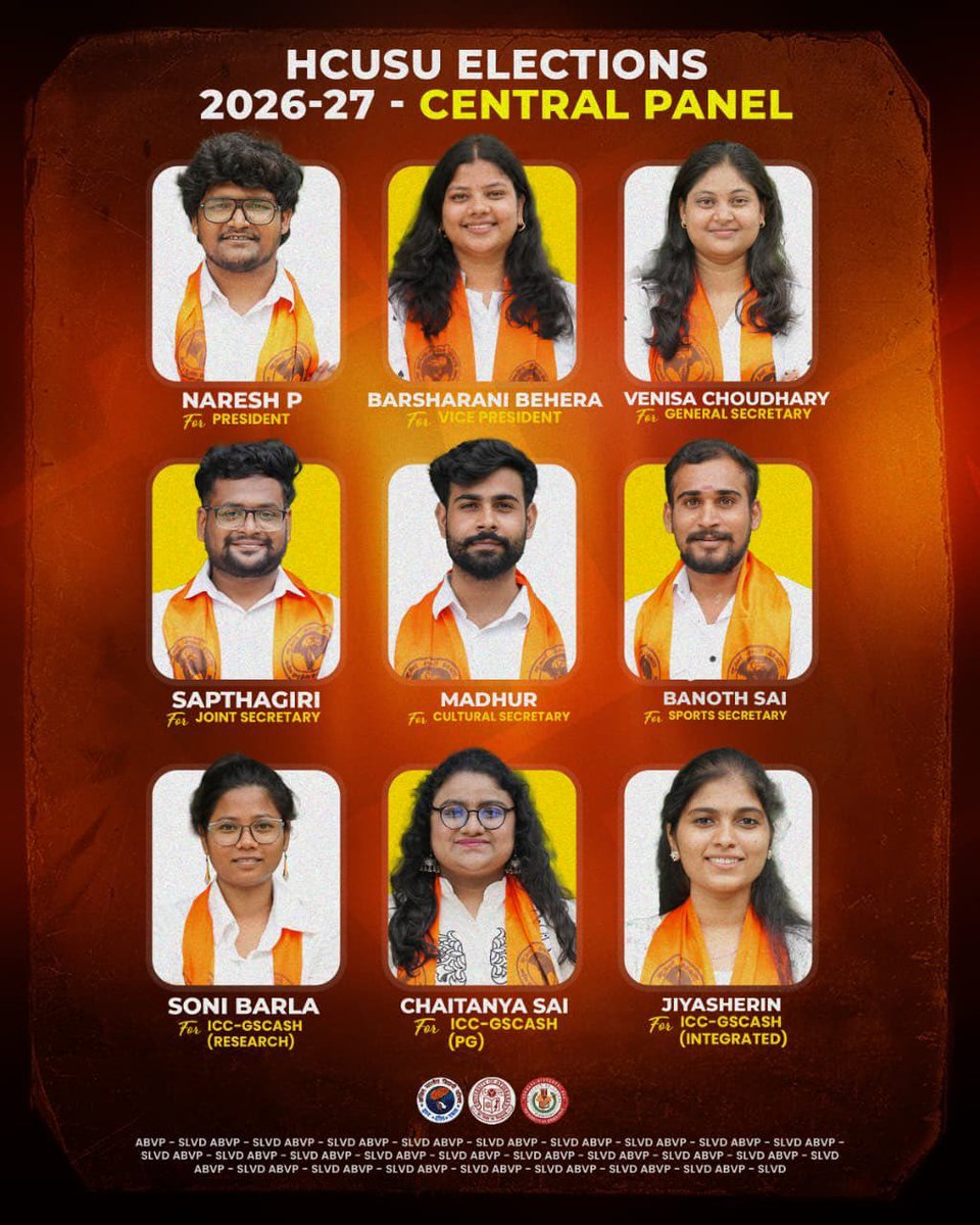 ABVPVoice's tweet photo. HCUSU Elections 2026–27 | ABVP–SLVD Central Panel 🚩

Introducing the ABVP–SLVD Central Panel contesting the University of Hyderabad Students’ Union Elections 2026–27.

ABVP–SLVD | HCUSU 2026–27

#ABVP4HCU #ABVPHCU #UoHElections2026 https://t.co/nU3OYz1N1l