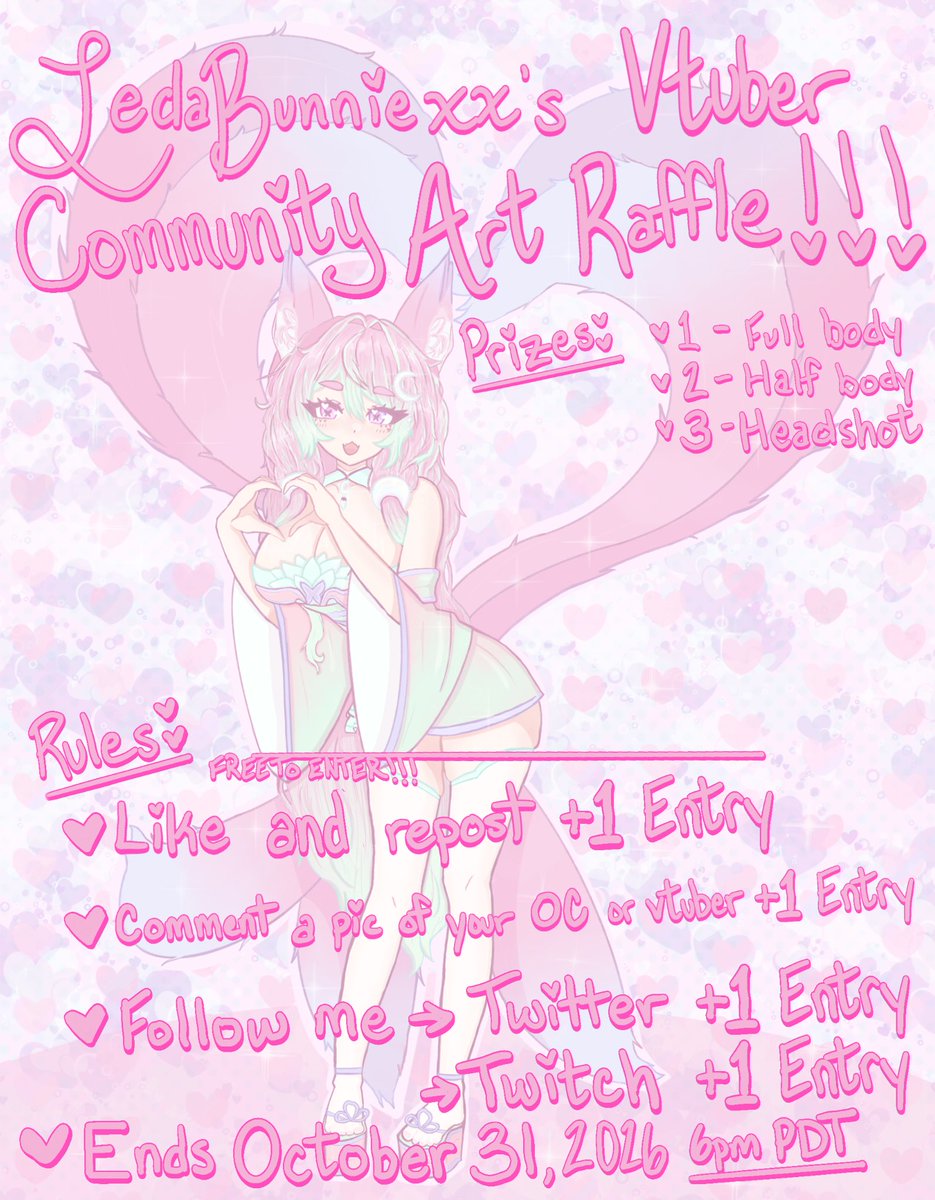 LedaFaeVT's tweet photo. haii everypony !! ive been really liking art again and want to do an art raffle !! there will be 3 winners

how to enter:
like+repost this post +1 entry
comment a pic or reference of your OC or vtuber +1 entry
follow my twitter +1
follow my twitch +1 (link below)
ends October 31 https://t.co/8Xb6hhP937
