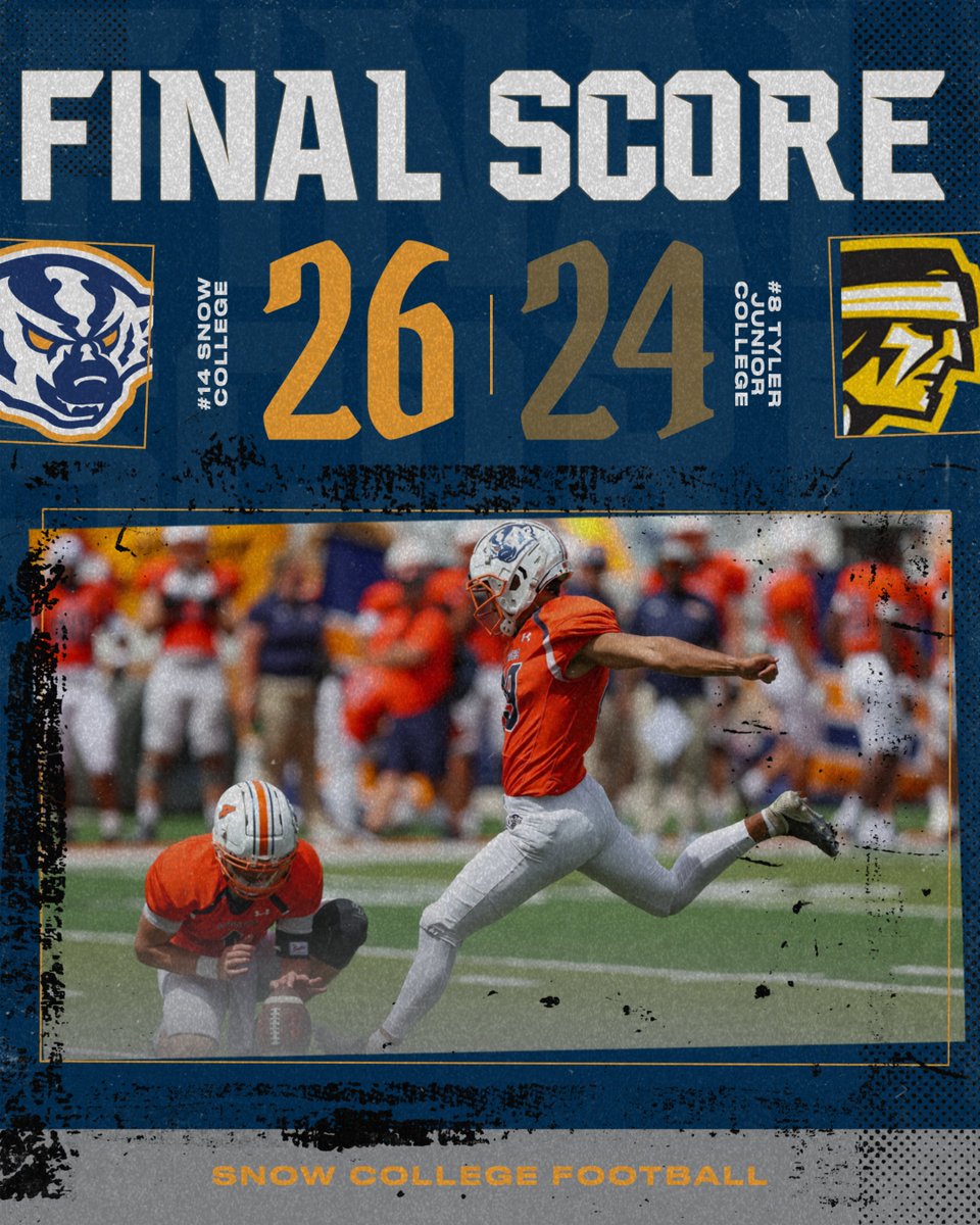 SnowCollegeFB's tweet photo. Badgers win it off the foot of @iansanches__ After drilling a school-record 52-yard field goal earlier in the game, he nails a 41-yarder to win it at the buzzer for the Badgers. No. 14 Snow (3-2/2-2) now heads to Blinn Oct. 3.

#SnowCollegeBadgers #DETH https://t.co/5jqvo33OuD
