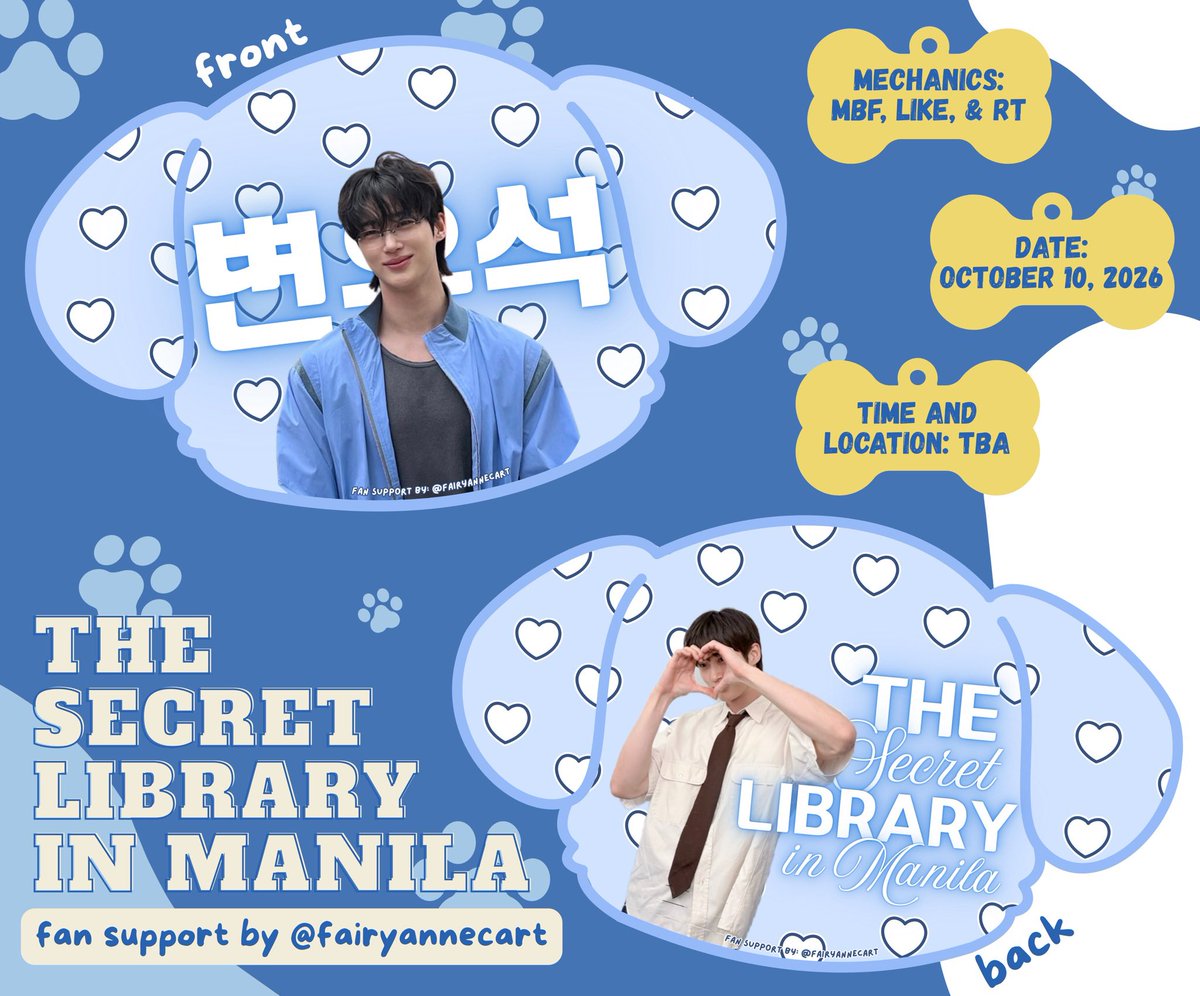 fairyannecart's tweet photo. 📚˚ʚ THE SECRET LIBRARY IN MANILA⋆˚꒰🐾୭ ˚. ᵎᵎ

fan support by @fairyannecart ໒꒰ྀི ˶> ˕ <˶꒱ྀི১

hi filo tongtongies ! I’ll be handing out puppy hand banners ~

🐶 mbf, like &amp; rt 
🐶 show this on d-day
🐶 open for donations &amp; trades

#BYEONWOOSEOK
#TheSecretLibrary_in_Manila https://t.co/XUmmPd2jX7