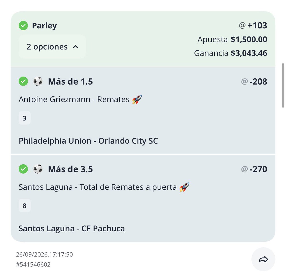 BernardoPicks's tweet photo. Cerramos el día cobrando 5 collabs con @aguilapick 🚀 💰 

-Parlay: Santos over tiros al arco y over 1.5 tiros Griezmann ✅ (+103)
-Eduard Löwen over 2.5 tiros ✅ (-127)
-Parlay: Over 7.5 corners SJ y over 2.5 tiros Klauss ✅ (-122)
-Over 13.5 tiros Santos Laguna (-123) ✅
-LIVE over 11.5 corners Santos Laguna (-165) ✅