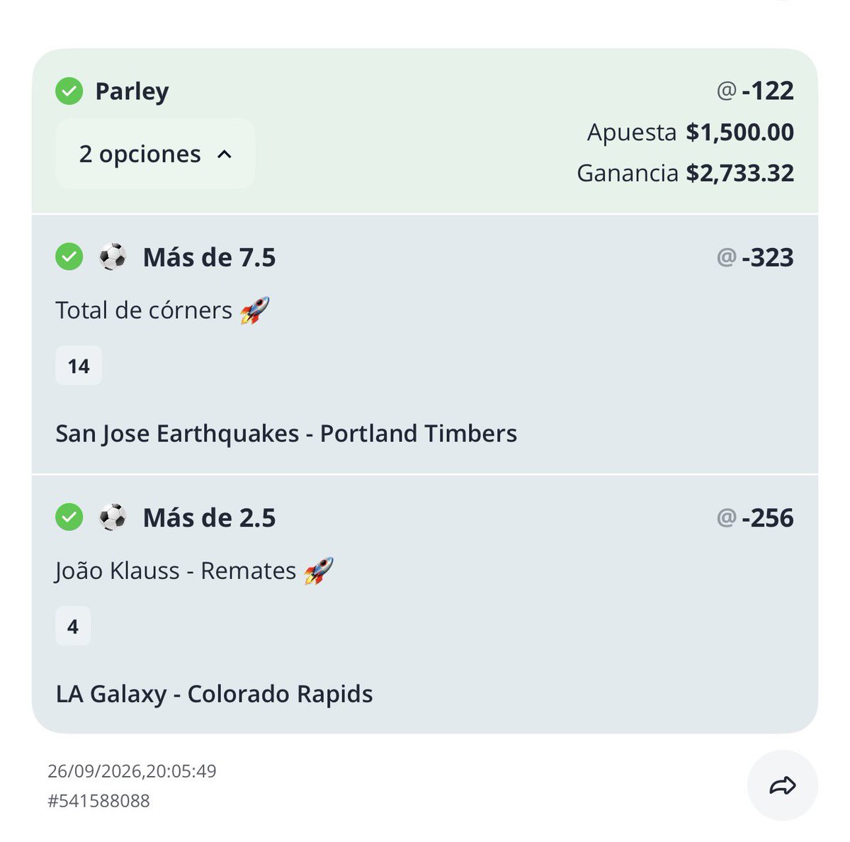 BernardoPicks's tweet photo. Cerramos el día cobrando 5 collabs con @aguilapick 🚀 💰 

-Parlay: Santos over tiros al arco y over 1.5 tiros Griezmann ✅ (+103)
-Eduard Löwen over 2.5 tiros ✅ (-127)
-Parlay: Over 7.5 corners SJ y over 2.5 tiros Klauss ✅ (-122)
-Over 13.5 tiros Santos Laguna (-123) ✅
-LIVE over 11.5 corners Santos Laguna (-165) ✅