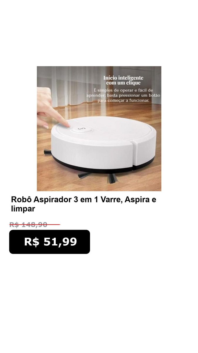 SoOfertasTop's tweet photo. Promo Shopee

🛍️ Robô Aspirador 3 em 1 Varre, Aspira e limpar - Limpeza Automática Inteligente e Silenciosa

📴 Com desconto de até 65%

De: R$ 148,90
*Por:* R$ 51,99

🔗 Compre aqui:
https://t.co/MH8dgCVV5Q https://t.co/vESj3tO2Al