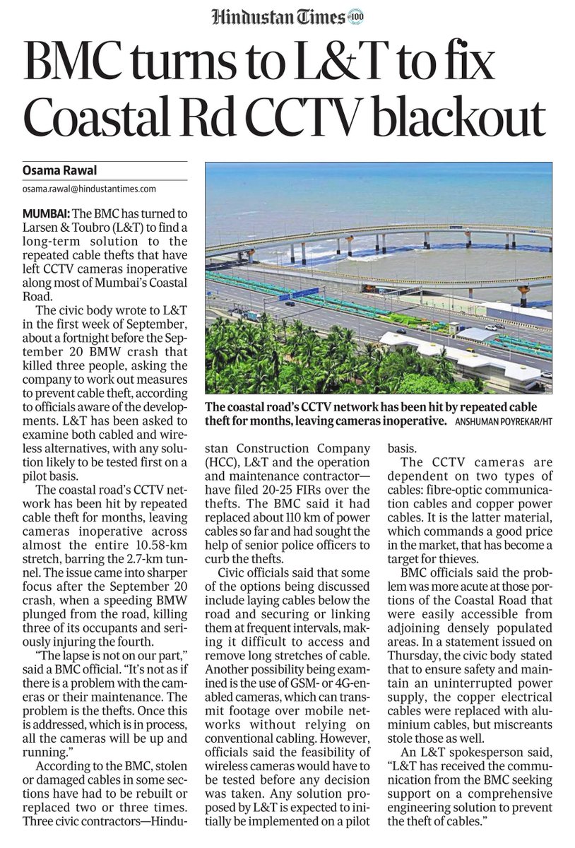mumbaimatterz's tweet photo. BMC built a world-class #CoastalRoad with CCTVs that work great — for copper thieves.

 After the 110th km of stolen cable and another crash that nobody could review, the long-term solution is… calling L&T. 

Mumbai infrastructure: premium road, economy surveillance.

@Osamaarawal
@HT_Mumbai

https://t.co/SjzJ1kgzzO