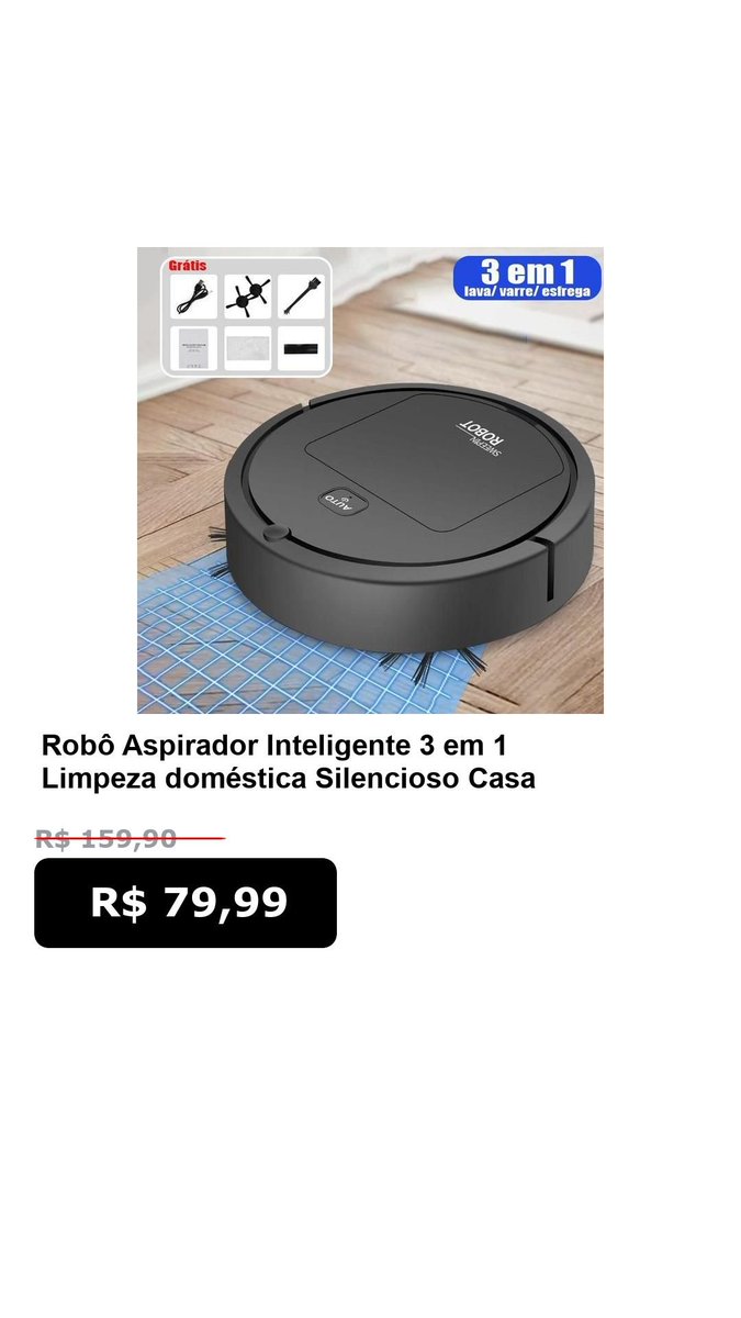 SoOfertasTop's tweet photo. Promo Shopee

🛍️ Robô Aspirador Inteligente 3 em 1 Limpeza doméstica Silencioso Casa com Pets E4

📴 Com desconto de até 50%

De: R$ 159,90
*Por:* R$ 79,99

🔗 Compre aqui:
https://t.co/9nVCftS1Id https://t.co/2cNnRThJAK