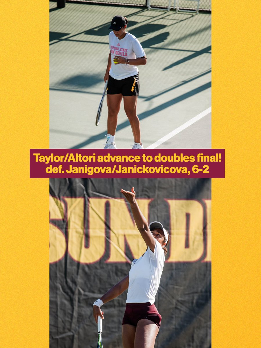sundevilwtennis's tweet photo. Sara Svetac and Lily Taylor will face each other in tomorrow's singles final after two wins apiece today!

Lily and Karin Altori will play for the doubles title tomorrow!

#ForksUp /// #O2V https://t.co/yQklbc1mL5