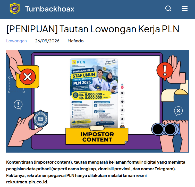 TurnBackHoax's tweet photo. ⚠ Tautan Lowongan Kerja PLN 

✅ Konten tiruan (impostor content), tautan mengarah ke laman formulir digital yang meminta pengisian data pribadi (seperti nama lengkap, domisili provinsi, dan nomor Telegram). Faktanya, rekrutmen pegawai PLN hanya dilakukan melalui laman resmi https://t.co/89pFHL6EY7. 

🔗 Selengkapnya di https://t.co/wTKUfSoKeh #LawanHoax #TurnBackHoax #MAFINDO