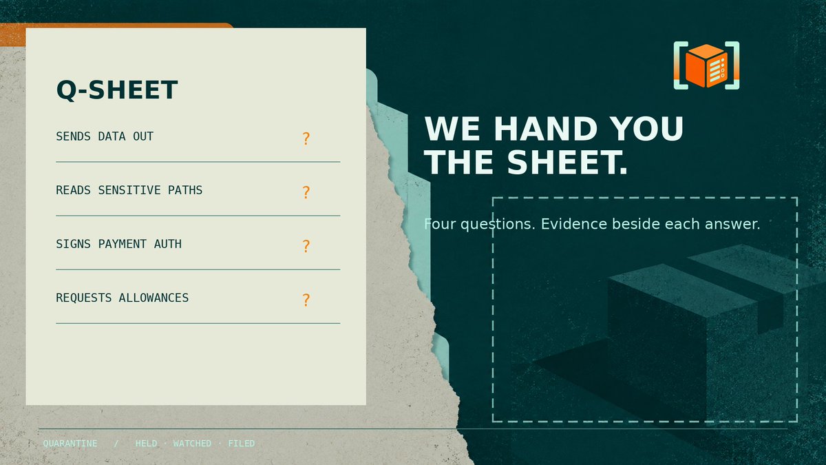 QuarantineMCP's tweet photo. One package in. Four lines out: data sent, sensitive paths read, payment authorizations signed, allowances requested.

 Each yes or no belongs to the exact version and the evidence from its run. We hand you the sheet. https://t.co/5yTE2ifURV