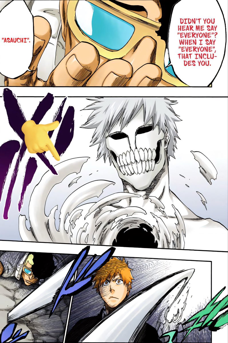 IchigoTaicho9's tweet photo. Real Zangetsu, White, was asleep at the moment Ichigo found his tail inside the box of his soul.

And Yhwach, the Old Man behind Ichigo, responded with, “I hope my name reaches you next time.”

At that moment, after Old Man Yhwach spoke to Ichigo, Kubo deliberately placed two separate speech bubbles ~

One bubble, on the right side, came from Ichigo as he responded:

“ARE YOU…?”

While the second came from White’s Tamashii/soul, his raw form, with the tail of the speech bubble pointing directly toward him as he woke from his sleep and responded to Old Man Yhwach:

“COULD YOU BE…?”

We’ve seen this Tamashii that makes up White several times throughout the story: when Ichigo’s sword shattered in the third arc, and one last time with Nimaiya, when he turned him into a sword.

And White had only just woken up.

White immediately wanted to get to know the Old Man in this world.