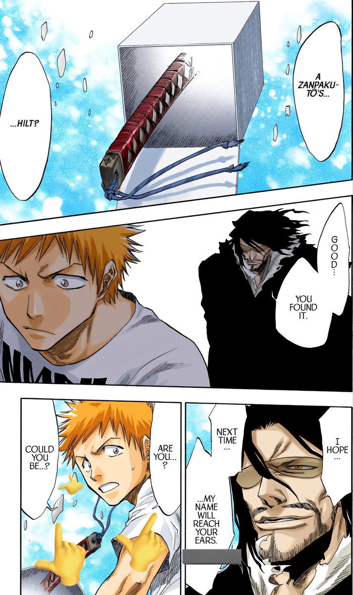 IchigoTaicho9's tweet photo. Real Zangetsu, White, was asleep at the moment Ichigo found his tail inside the box of his soul.

And Yhwach, the Old Man behind Ichigo, responded with, “I hope my name reaches you next time.”

At that moment, after Old Man Yhwach spoke to Ichigo, Kubo deliberately placed two separate speech bubbles ~

One bubble, on the right side, came from Ichigo as he responded:

“ARE YOU…?”

While the second came from White’s Tamashii/soul, his raw form, with the tail of the speech bubble pointing directly toward him as he woke from his sleep and responded to Old Man Yhwach:

“COULD YOU BE…?”

We’ve seen this Tamashii that makes up White several times throughout the story: when Ichigo’s sword shattered in the third arc, and one last time with Nimaiya, when he turned him into a sword.

And White had only just woken up.

White immediately wanted to get to know the Old Man in this world.