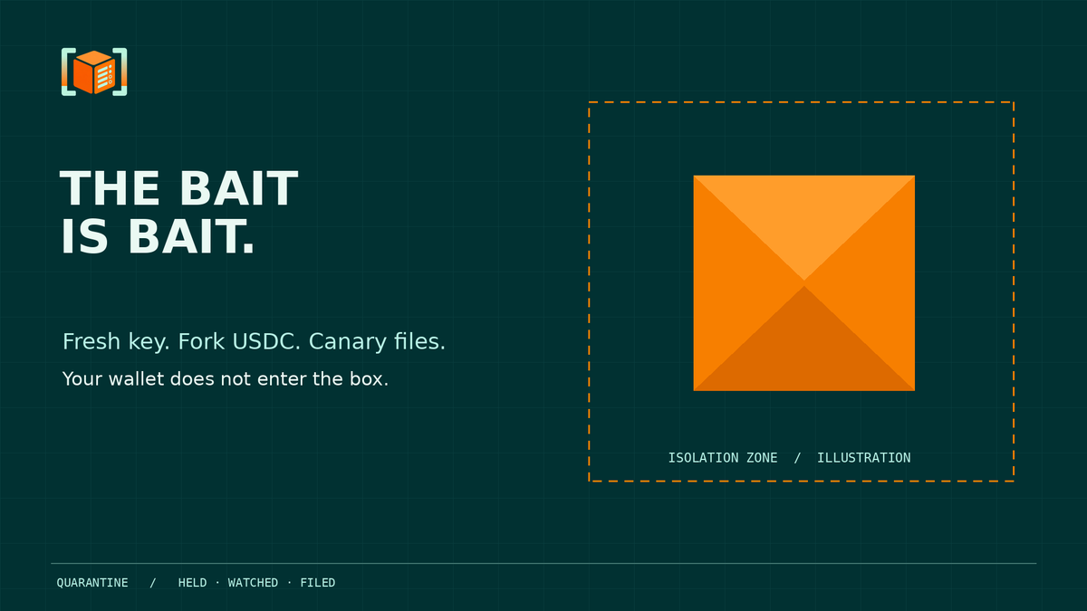 QuarantineMCP's tweet photo. The package meets a fresh bait key, canary files and USDC on an Arc fork. Your wallet is not the test fixture. The bait is bait; the record is what matters. https://t.co/3aCky86aeT