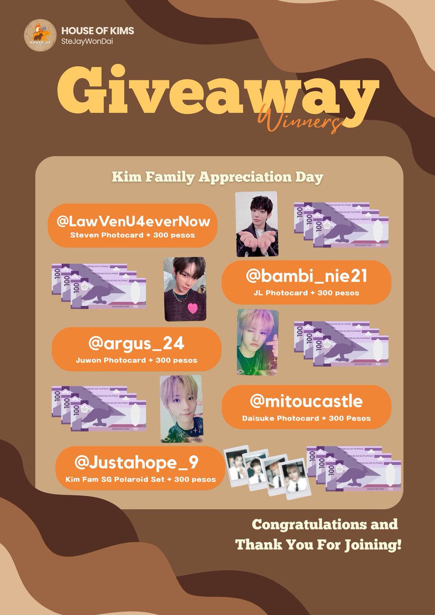 houseofkimfam's tweet photo. ๐ค๐ GIVEAWAY WINNERS ANNOUNCEMENT! ๐๐ค
The wait is finally over, KIMFAM! ๐ค
A huge THANK YOU to everyone who joined our giveaways and shared your love and appreciation for our KimFam. Your heartfelt messages, effort, and participation truly made these events extra special. โจ
And now, itโs time to celebrate our LUCKY WINNERS! ๐๐
๐ค KIMFAM POST WINNERS
1. RTY Digipack Set โ @stjy_raj05
2. TP Digipack Set โ @JL_Jeguri
3. WWA Jewel Case Set โ @MJ_foha
4. KimFam Set Miim โ @Aikableehhh
โจ APPRECIATION POST WINNERS
Monday โ Steven
๐ค Steven Poca + โฑ300 Cash โ @LawVenU4everNow
Tuesday โ JL
๐ค JL Poca + โฑ300 Cash โ @bambi_nie21
Wednesday โ Juwon
๐ค Juwon Poca + โฑ300 Cash โ @argus_24
Thursday โ Daisuke
๐ค Daisuke Poca + โฑ300 Cash โ @mitoucastle
Friday โ KimFam
๐ค KimFam Polaroid Set + SG Polaroid + โฑ300 Cash โ @Justahope_9
๐ CONGRATULATIONS TO ALL OUR WINNERS! ๐
Please send us a DM so we can arrange and coordinate your prizes. ๐ค
To everyone who joined but didnโt win this time, please donโt be discouraged. ๐ฅน Your love, effort, and support for our KimFam are already something we deeply appreciate. Every entry helped make this celebration more meaningful. ๐ค
This is only the beginning! More events, activities, and surprises await our KimFam. โจ
Thank you for celebrating, supporting, and growing with us! Letโs continue spreading love, positivity, and support for our SteJayWonDai. ๐ค
With love,
House of Kims ๐ ๐ค
#HouseOfKims
#SteJayWonDai
#KimFamily