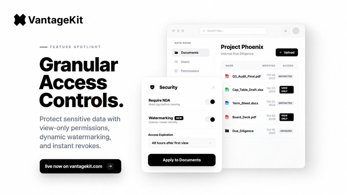 VantageKit's tweet photo. An investor asks about your valuation cap, but the answer lives across 3 different files.

VantageKit Cross-Document Search indexes your entire data room as one layer so VCs query across decks, models &amp; side letters at once.

Scale. https://t.co/er3YaYTHF0 https://t.co/oGl5wcR1EH