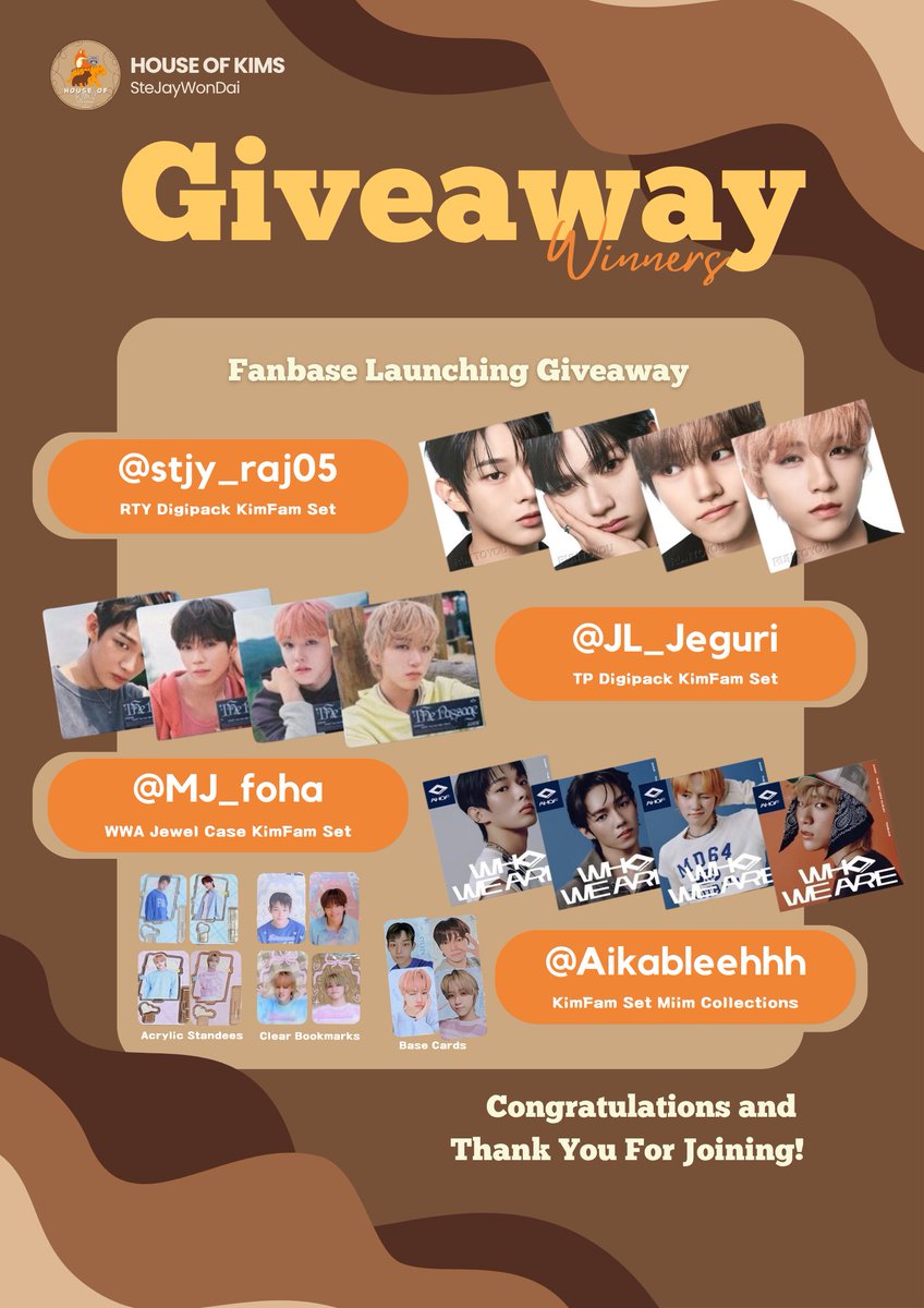 houseofkimfam's tweet photo. ๐ค๐ GIVEAWAY WINNERS ANNOUNCEMENT! ๐๐ค
The wait is finally over, KIMFAM! ๐ค
A huge THANK YOU to everyone who joined our giveaways and shared your love and appreciation for our KimFam. Your heartfelt messages, effort, and participation truly made these events extra special. โจ
And now, itโs time to celebrate our LUCKY WINNERS! ๐๐
๐ค KIMFAM POST WINNERS
1. RTY Digipack Set โ @stjy_raj05
2. TP Digipack Set โ @JL_Jeguri
3. WWA Jewel Case Set โ @MJ_foha
4. KimFam Set Miim โ @Aikableehhh
โจ APPRECIATION POST WINNERS
Monday โ Steven
๐ค Steven Poca + โฑ300 Cash โ @LawVenU4everNow
Tuesday โ JL
๐ค JL Poca + โฑ300 Cash โ @bambi_nie21
Wednesday โ Juwon
๐ค Juwon Poca + โฑ300 Cash โ @argus_24
Thursday โ Daisuke
๐ค Daisuke Poca + โฑ300 Cash โ @mitoucastle
Friday โ KimFam
๐ค KimFam Polaroid Set + SG Polaroid + โฑ300 Cash โ @Justahope_9
๐ CONGRATULATIONS TO ALL OUR WINNERS! ๐
Please send us a DM so we can arrange and coordinate your prizes. ๐ค
To everyone who joined but didnโt win this time, please donโt be discouraged. ๐ฅน Your love, effort, and support for our KimFam are already something we deeply appreciate. Every entry helped make this celebration more meaningful. ๐ค
This is only the beginning! More events, activities, and surprises await our KimFam. โจ
Thank you for celebrating, supporting, and growing with us! Letโs continue spreading love, positivity, and support for our SteJayWonDai. ๐ค
With love,
House of Kims ๐ ๐ค
#HouseOfKims
#SteJayWonDai
#KimFamily
