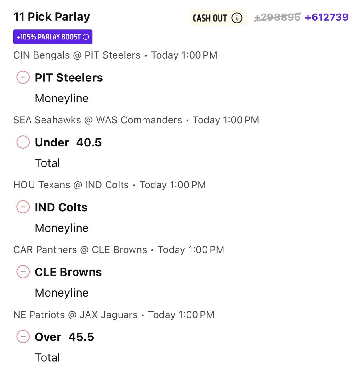 BoostKingX's tweet photo. NFL Stepped Up Boost 

0.01 U
Fair value +457663

Steelers ML vs Bengals
Seahawks Commanders Under 40.5 
Colts ML vs Texans
Browns ML vs Panthers
Patriots Jaguars Over 45.5 
Bills -7 vs Chargers
Chiefs Dolphins Under 45.5 
Raiders ML vs Saints
Broncos ML vs Rams
Titans ML vs Giants
Vikings Buccaneers Under 42.5