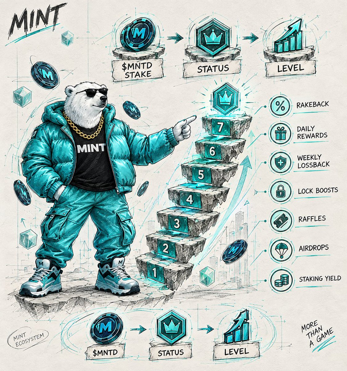 bigkala_001's tweet photo. It's a new day and happy Sunday.

Here’s a different narrative that explains Status as a progression system rather than just a list of benefits:

I think of MINT Status less like a VIP badge and more like an account progression system.

@PlayOnMint has seven Status levels, and staking $MNTD is what moves you through them.

You are not unlocking completely different games as you climb.

You are improving the rates attached to the activities you already use.

As the Status level increases, the account can access stronger rates across things like rakeback, daily rewards, weekly lossback, lock boosts, raffles, airdrops and staking yield.

The structure is straightforward:

Stake $MNTD → reach a Status level → unlock the rates attached to that level.

There is no need to treat the seven levels as separate products. They are different points on the same progression ladder.

So when thinking about MINT Status, keep the roles clear.

$MNTD is what you stake.

Status is the rank you build.

The seven levels are simply the progression between them.