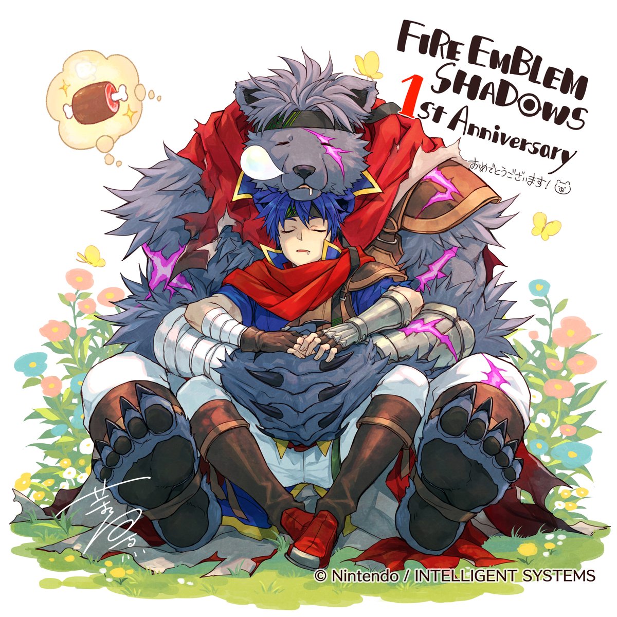FE_Shadows_EN's tweet photo. Celebratory Illustrations: Round 3 ✨

We've got a fresh celebratory illustration for you from artist HAGIYA Kaoru. 🎁
Ike is taking a nap and dreaming of tasty meat... 🍖💭

The celebratory illustrations can also be seen on the official website. ♪
https://t.co/9603wySV1n

#FEShadows
#FireEmblem
