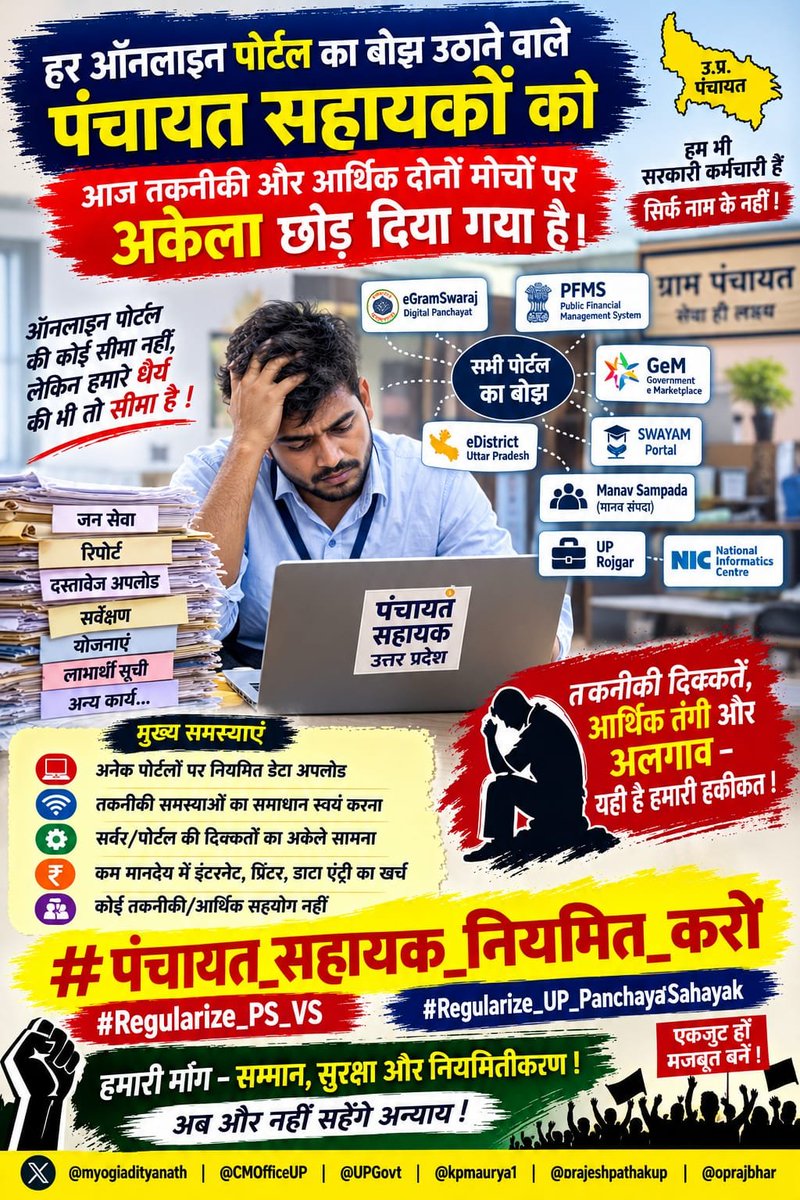 rock_rvi's tweet photo. "#पंचायत_सहायक_नियमित_करो
ग्राम पंचायतों में बढ़ते डिजिटल कार्यों के साथ PanchayatSahayak की सेवा व्यवस्था को भी व्यवस्थित करना जरूरी है। पंचायत स्तर पर कार्यरत कर्मियों के अनुभव को नीति में महत्व मिलना चाहिए। @CMOfficeUP @myogioffice @DirectorUPPR
#Regularize_UP_PanchayatSahayak https://t.co/qC4VpWcuEY