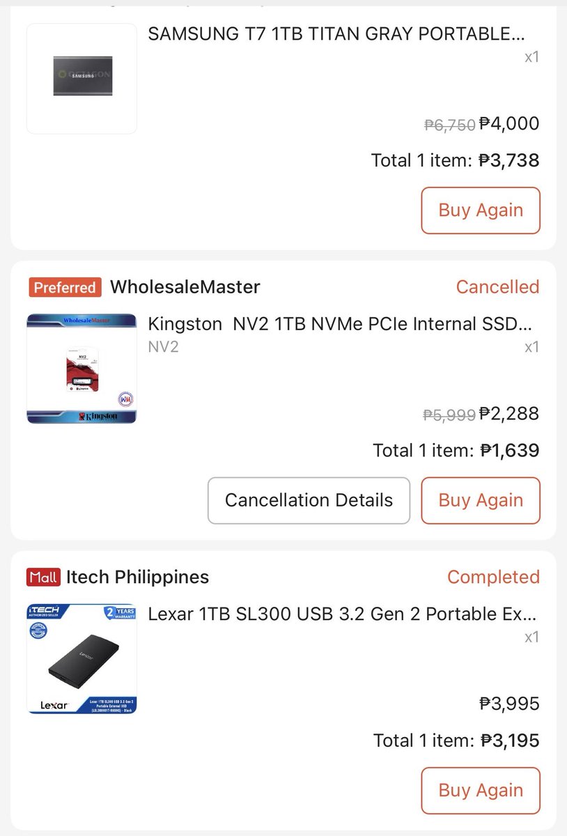 seohajie's tweet photo. 1tb portable ssd prices last year vs now 🫩 https://t.co/w7oLNvN4rF