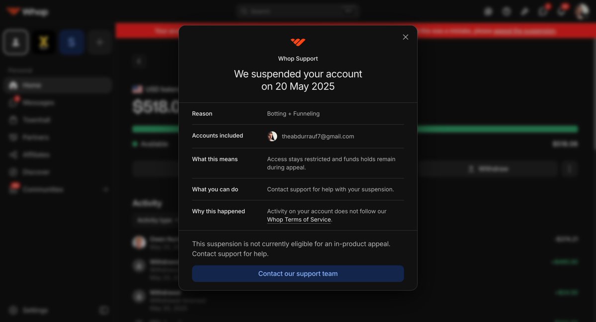 streetaskmedia's tweet photo. @whop @whop_support have scammed me

Last year I was clipping for a campaign and they suspended my account with no proof of botting. I even offered to provide analytics but they weren’t listening

Can any1 from support look into it and fix it? (1) https://t.co/GKqvXdmUTz