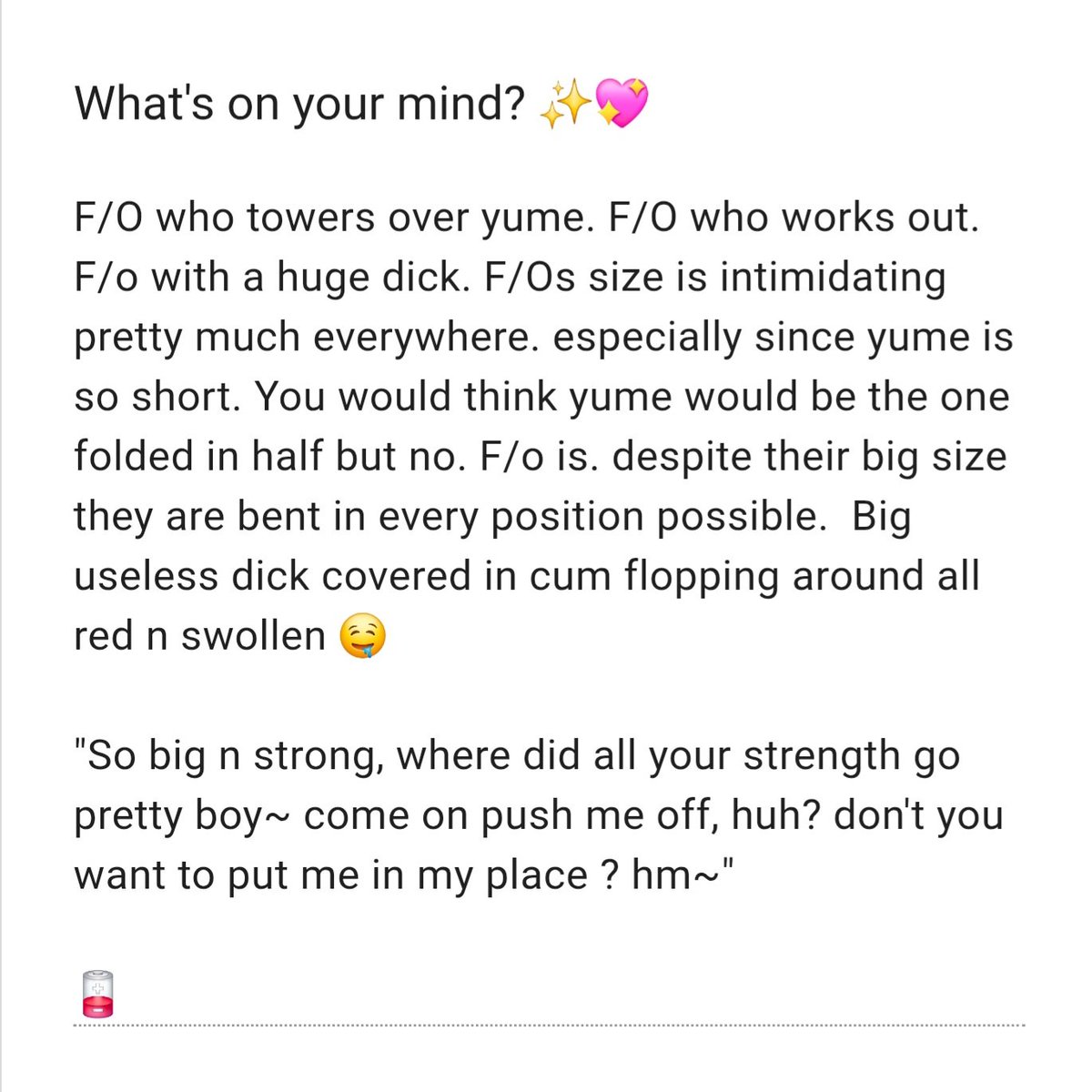 NSFW_Yume_Posts's tweet photo. ✨️Scenario✨️

Kink/CW: Size Difference

From: 🪫

《Click "ALT" to see this submission in text form!》

》I love big top F/O x small top yume it's so cute. https://t.co/dk32pdHpo5