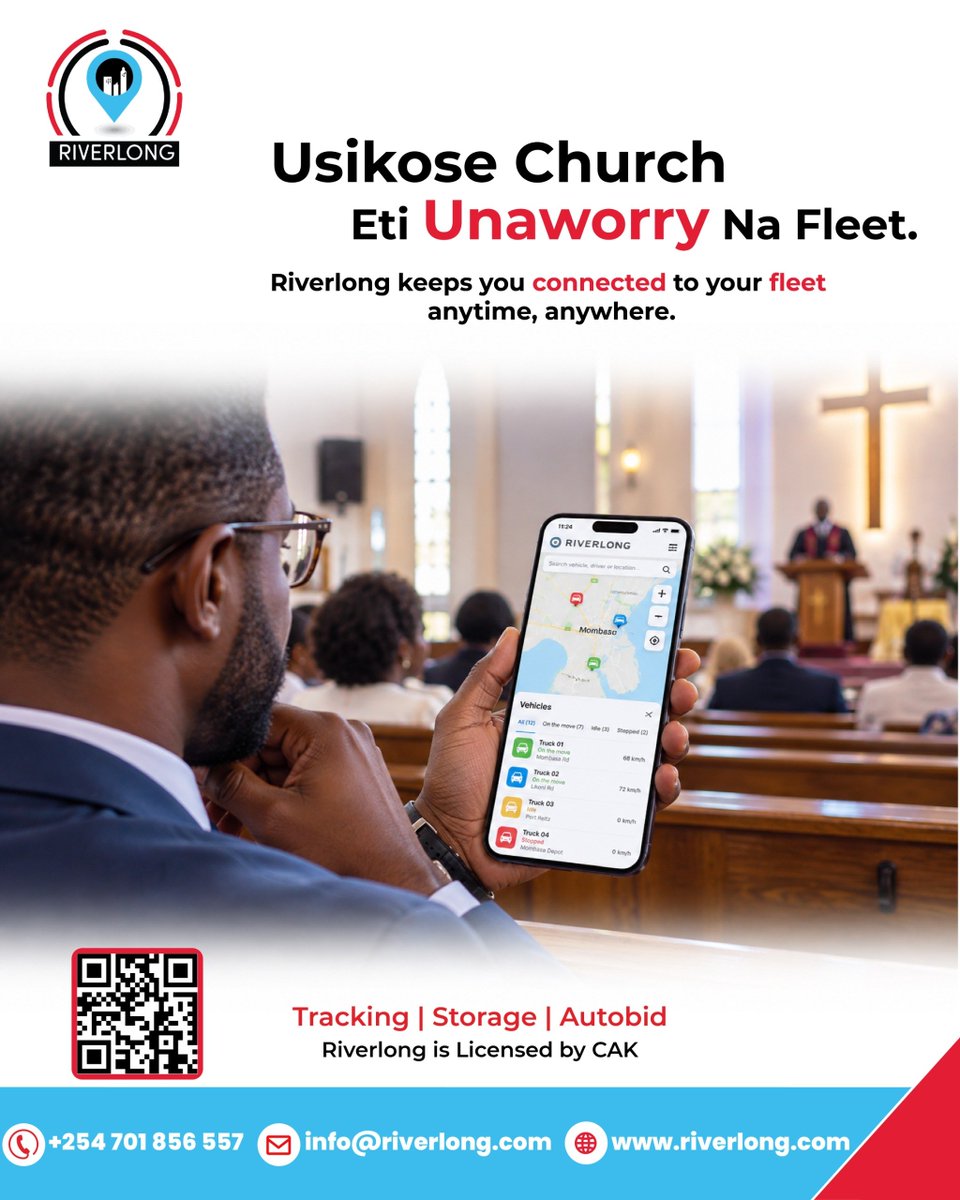 RiverlongLtd's tweet photo. Usikose Church Eti Unaworry Na Fleet.
Riverlong keeps you connected to your fleet anytime, anywhere.
Call/WhatsApp: +254 701 856 557
info@riverlong.com
https://t.co/h1DnqjAiuz
#FleetTracking #RealTimeTracking #GPSTracking #VehicleTracking #KenyaFleets https://t.co/Jt6sxAetq9