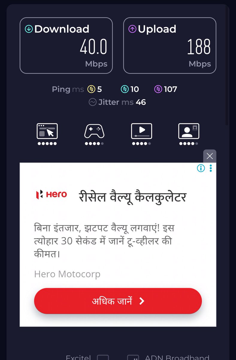 Avii1990's tweet photo. I pay for 200mbps plan  and what speed I'm getting is garbage jus 40mbps.
Do you even think what you promise.
If cannot fix it then return my amount 
@excitel_rocks https://t.co/Bo3SMQekh4