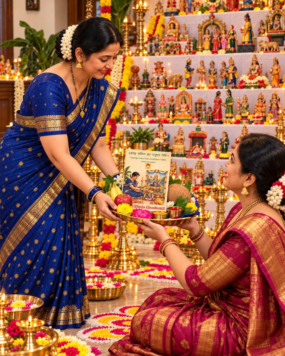 VedaGhosham's tweet photo. #Navaratri is a time when ladies of our house perform 🟠🔴 #ManjalKumkumam or #HaldiKumkum gathering in their house by inviting other ladies as well as Kumaris and honour them as #ShaktiSwaroopinis 🔱 During this time the ladies are offered Saubhagya dravyas 🌿or auspicious items, along with betel leaves🍃, betel nut🌰, fruits🥭🥥 & utility items as gifts.

Many ladies also look out for unique gift items 🎁 to be given in this ceremony and we seem to be running out of options because most of them are repetitive. 🔄

Veda Ghosham's latest📕 Upaanga Lalitha Vrata is a book is a unique boon bestowing 🙌🏼vrata book which you can gift🎁 to the ladies in such auspicious pooja gathering. 

Imagine your gift of this book 📕 during Navaratri will help them to do 🔱Sri Lalita Maha Tripurasundari Upasana🔱 by which their family will achieve greater spiritual heights, all round progress due to blessings of Devi Upasana. You 🫵🏼will become thus a recipient of Devi blessings 🙌🏼as you have gifted her Upasana book.📕

Copies are limited order soon 👇🏼🌐

https://t.co/Hp500GzoQx

For bulk orders above 50 copies write to 📧 books.vedaghosham@gmail.com 

To attend a complete training course on this rare Vrata register yourself in below 👇🏼 

https://t.co/w9E4kcClci

#UpaangaLalitaVrata #WeAreVedaGhosham