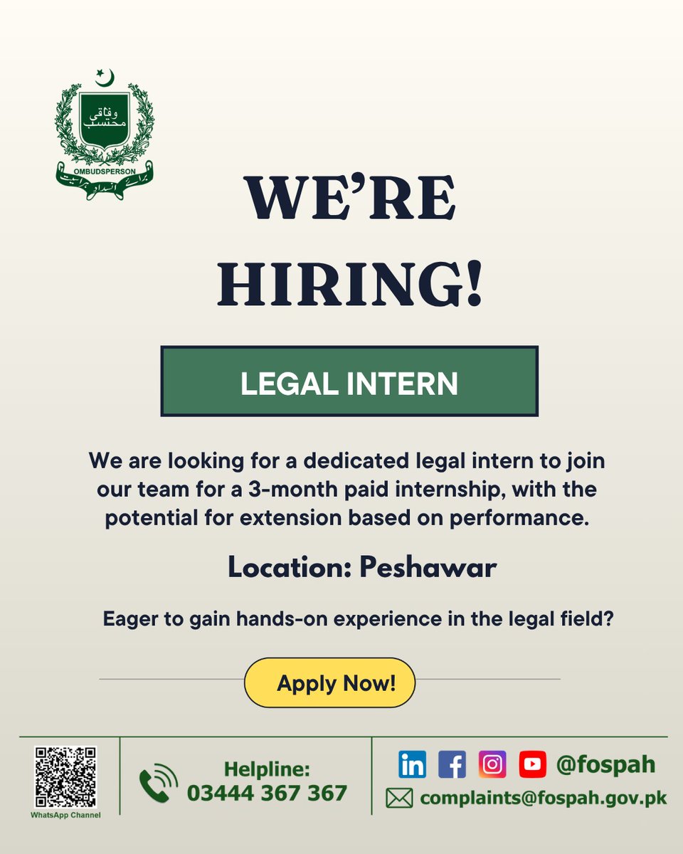 fospah's tweet photo. WE'RE HIRING!

FOSPAH’s Regional Office, Peshawar, is looking for a dedicated legal intern to join our team for a 3-month internship, with the potential for extension based on performance.
Deadline: 04th October 2026.

Apply Here: 
https://t.co/CXcPdY0X6C 

#FOSPAH #Hiring https://t.co/6cRV4Ypbm6
